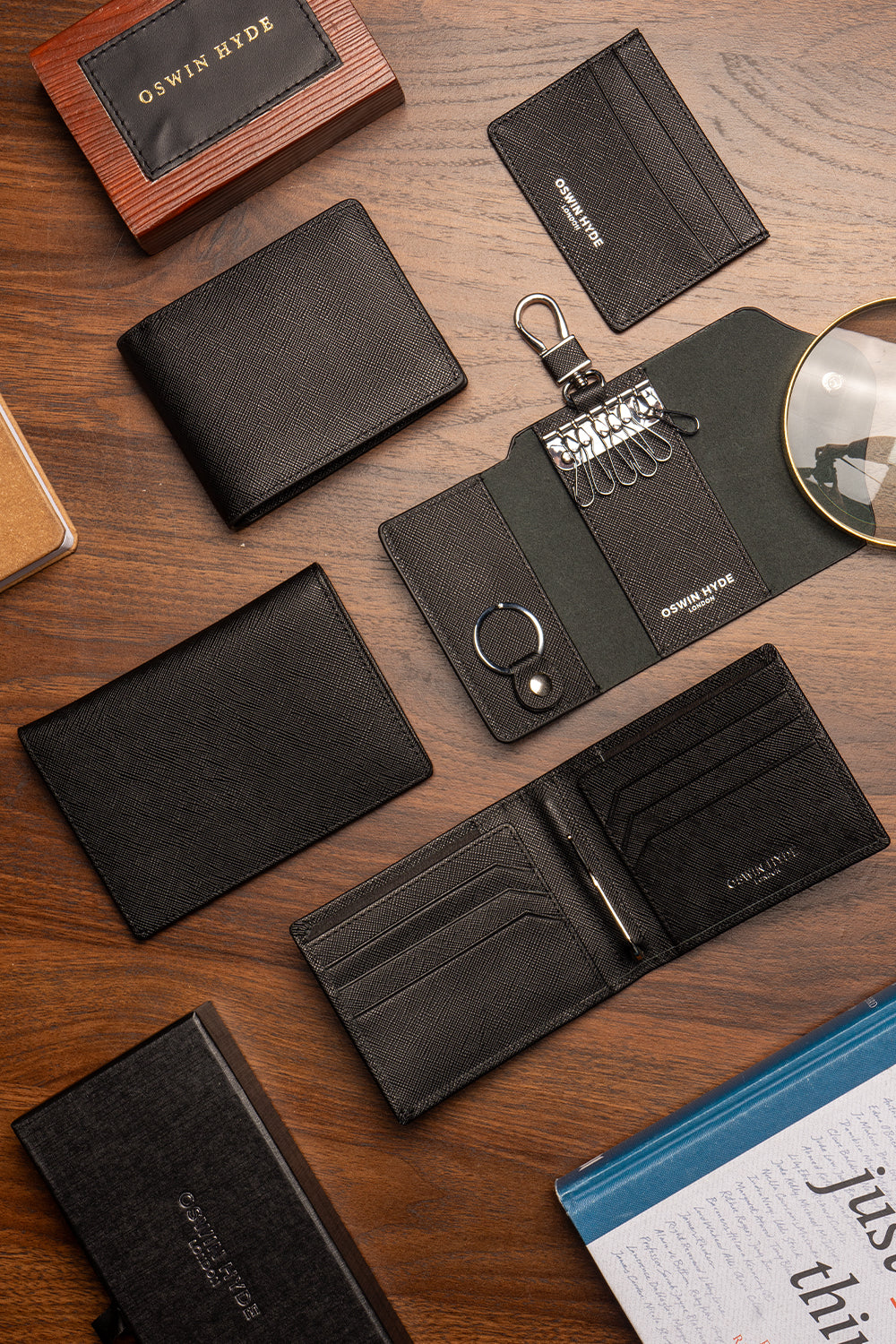 Marylebone black saffiano leather bi-fold wallet for men by Oswin Hyde – slim luxury wallet with multiple card slots and durable textured leather finish.