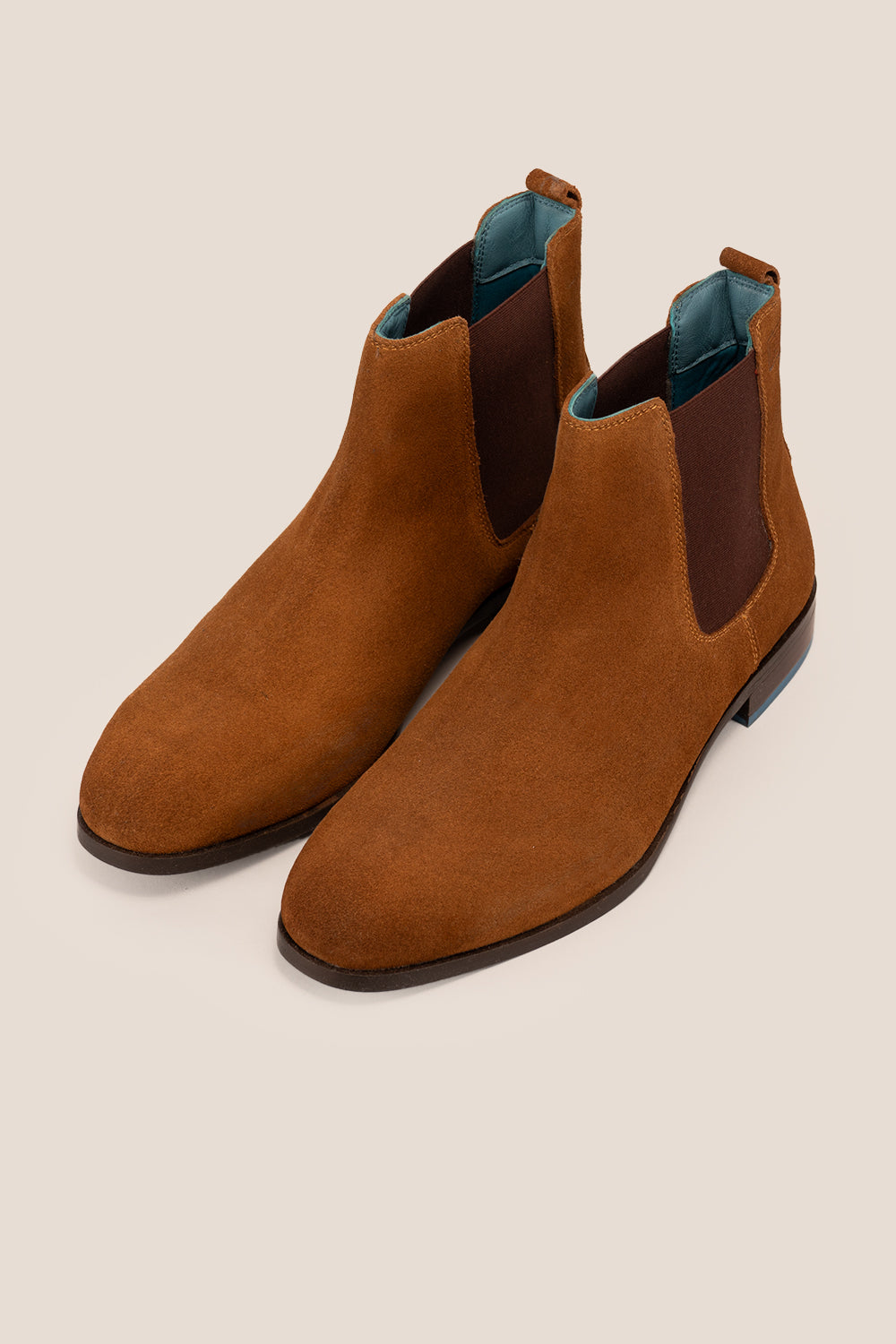 Vinnie tobacco suede Chelsea boots for men by Oswin Hyde – premium suede upper with sleek silhouette and stacked heel for stylish, comfortable wear.