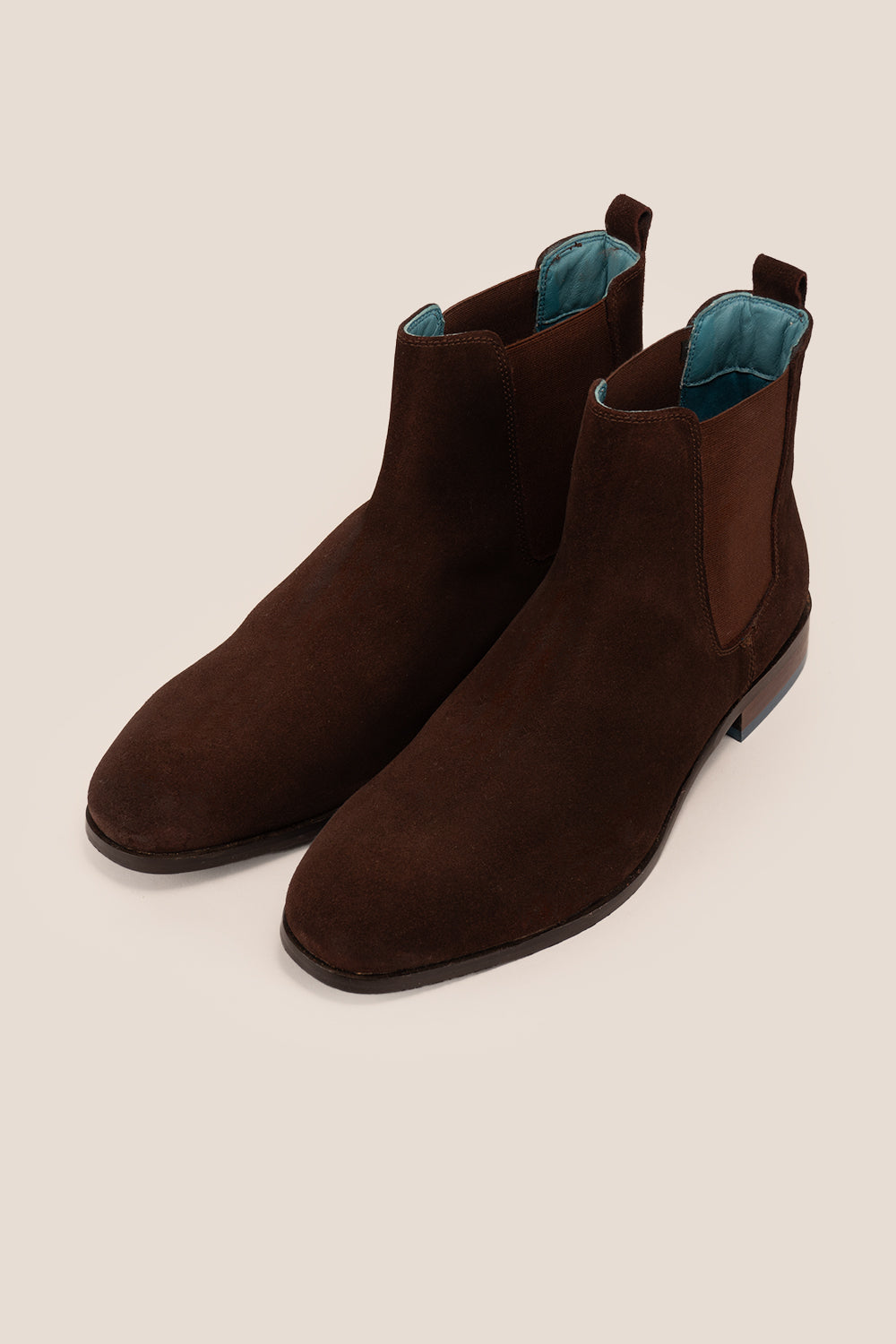Vinnie brown suede Chelsea boots for men by Oswin Hyde – sleek silhouette with stacked heel and soft suede upper for stylish, comfortable everyday wear.