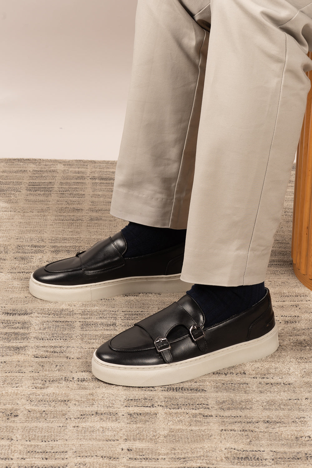 Owen Black monk leather loafers for men, crafted with premium black leather and classic monk strap, ideal for formal and smart casual wear.