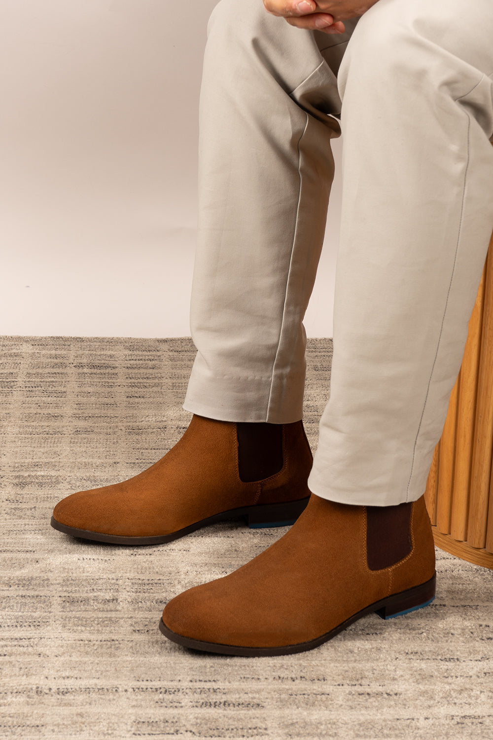 Vinnie tobacco suede Chelsea boots for men by Oswin Hyde – premium suede upper with sleek silhouette and stacked heel for stylish, comfortable wear.