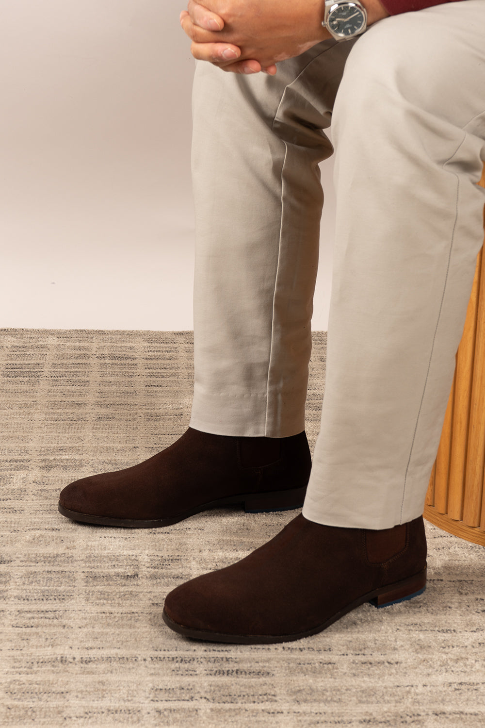 Vinnie brown suede Chelsea boots for men by Oswin Hyde – sleek silhouette with stacked heel and soft suede upper for stylish, comfortable everyday wear.