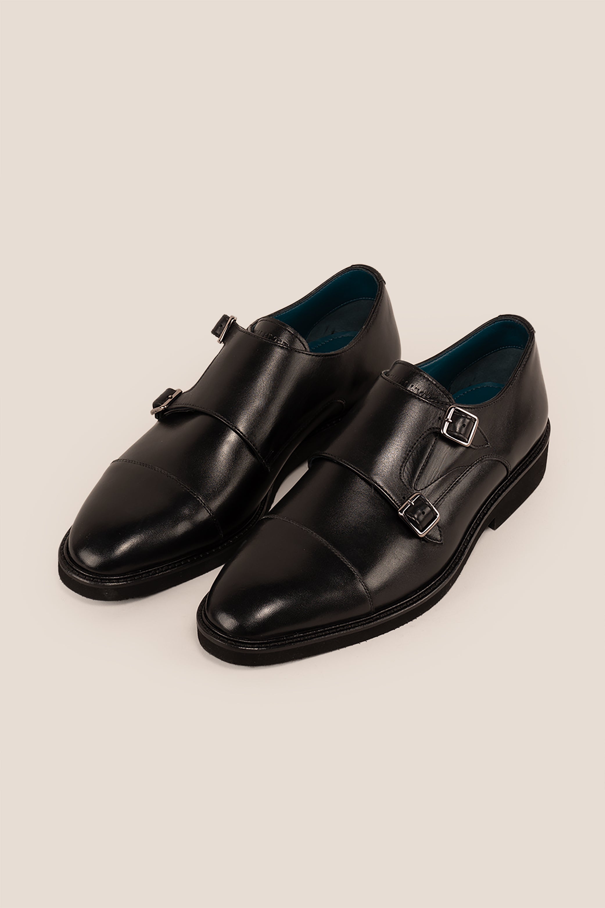 Garson Black double monk strap leather shoes for men by Oswin Hyde – elegant formal shoes with polished finish and cushioned leather insole