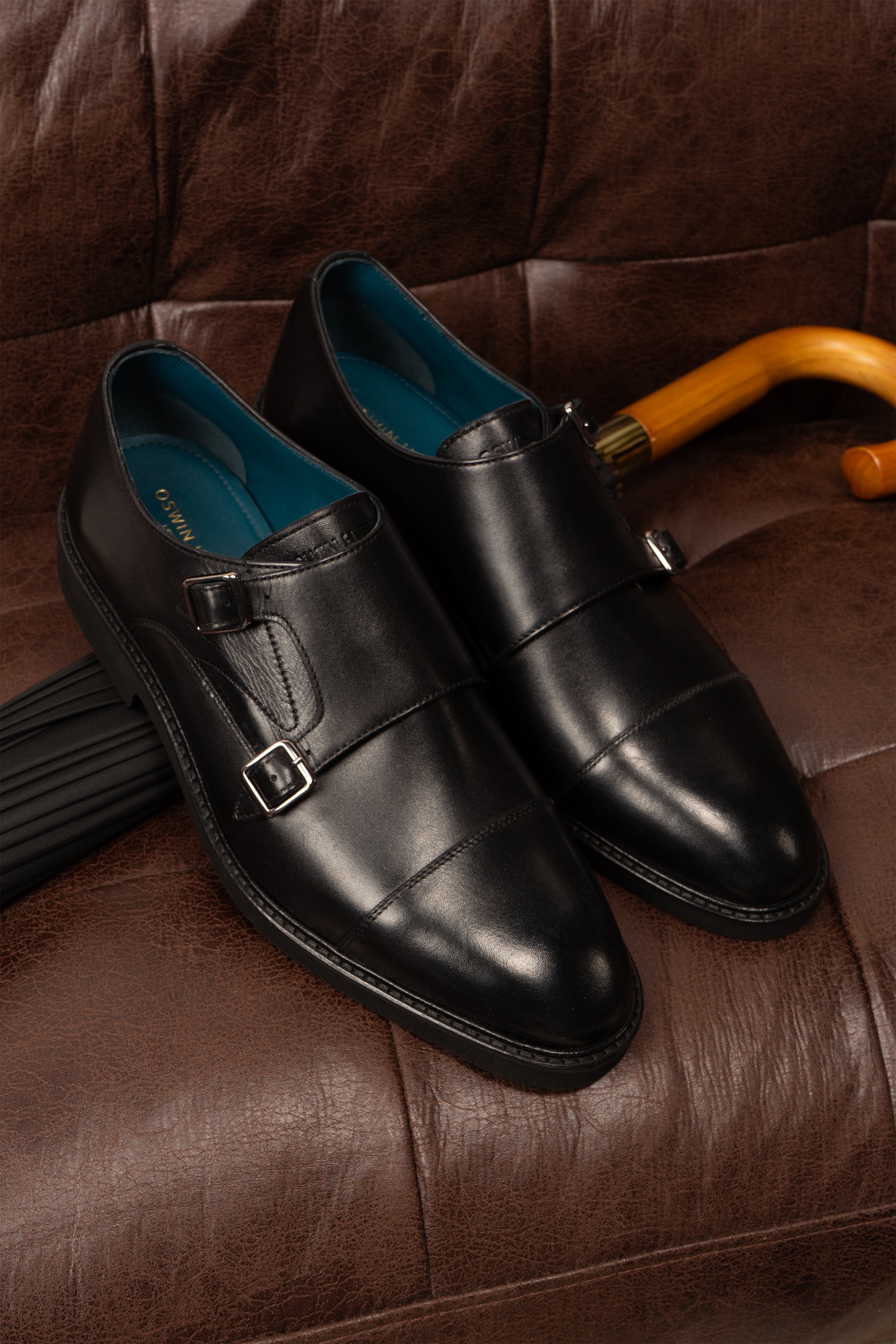 Garson Black double monk strap leather shoes for men by Oswin Hyde – elegant formal shoes with polished finish and cushioned leather insole