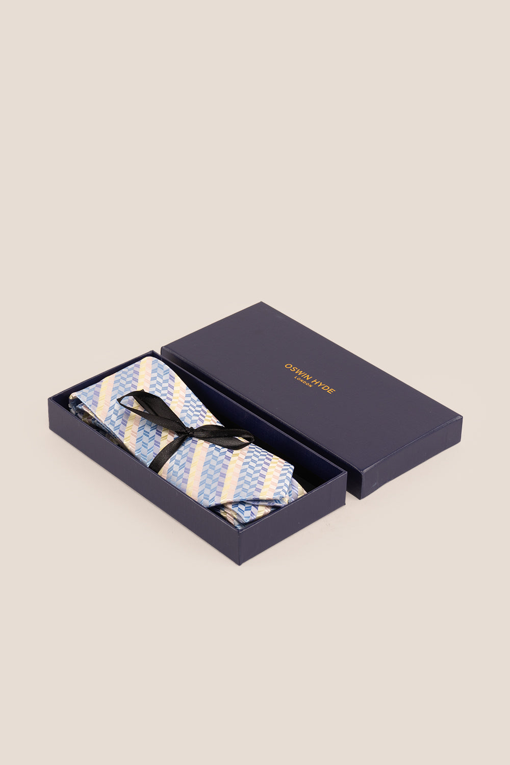 Geometric Stripes Blue Cream tie with luxurious design, ideal for weddings, office wear, and casual occasions.