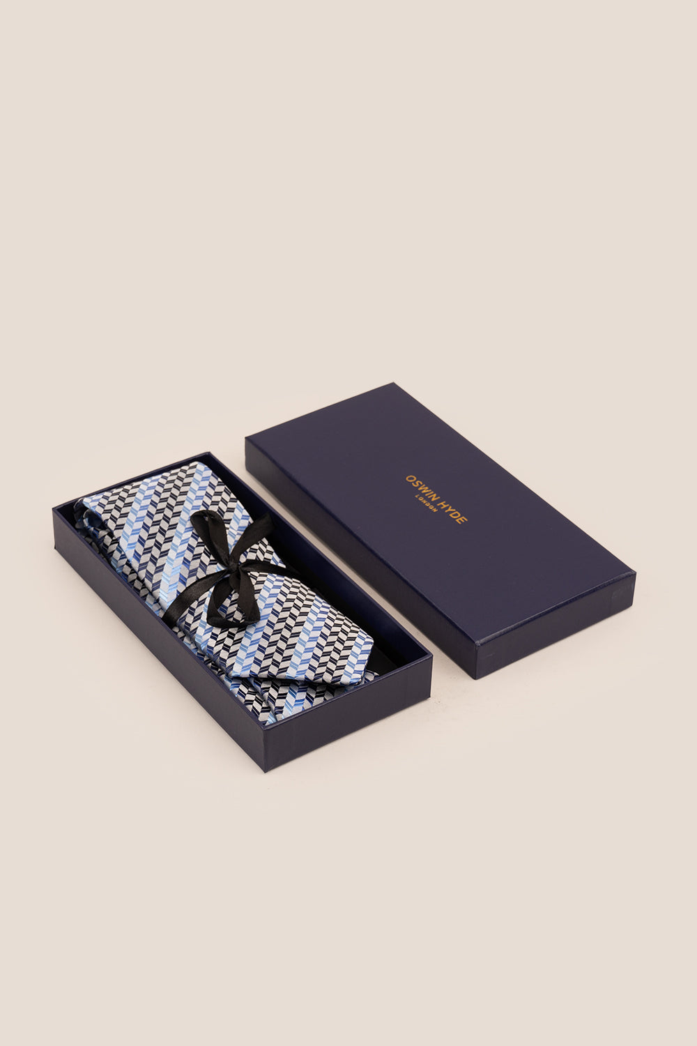 Geometric Stripes Blue Navy Black tie with intricate design, perfect for weddings, formal events, and casual wear.