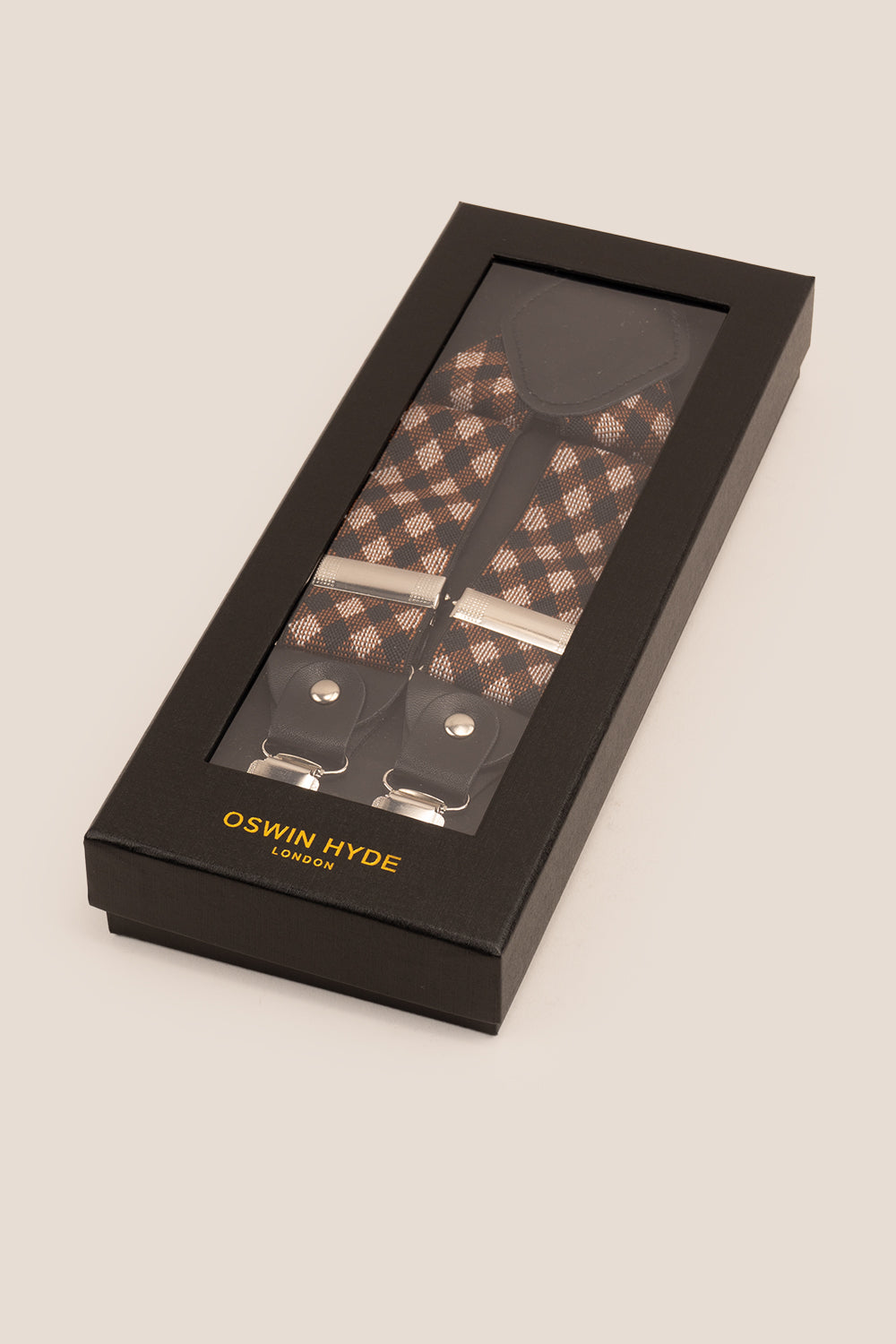Men’s brown chequered clip‑on braces with leather accents and secure metal clips, ideal for weddings, business attire or refined casual wear.