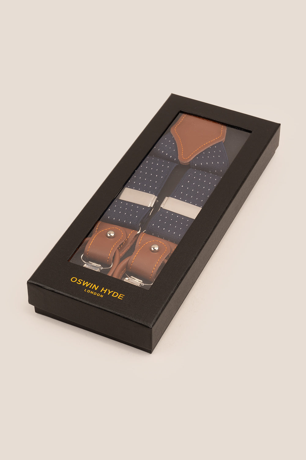 Men’s navy polka dot combination braces suspenders with leather ends and secure metal clips, suited for weddings, business or smart-casual outfits.