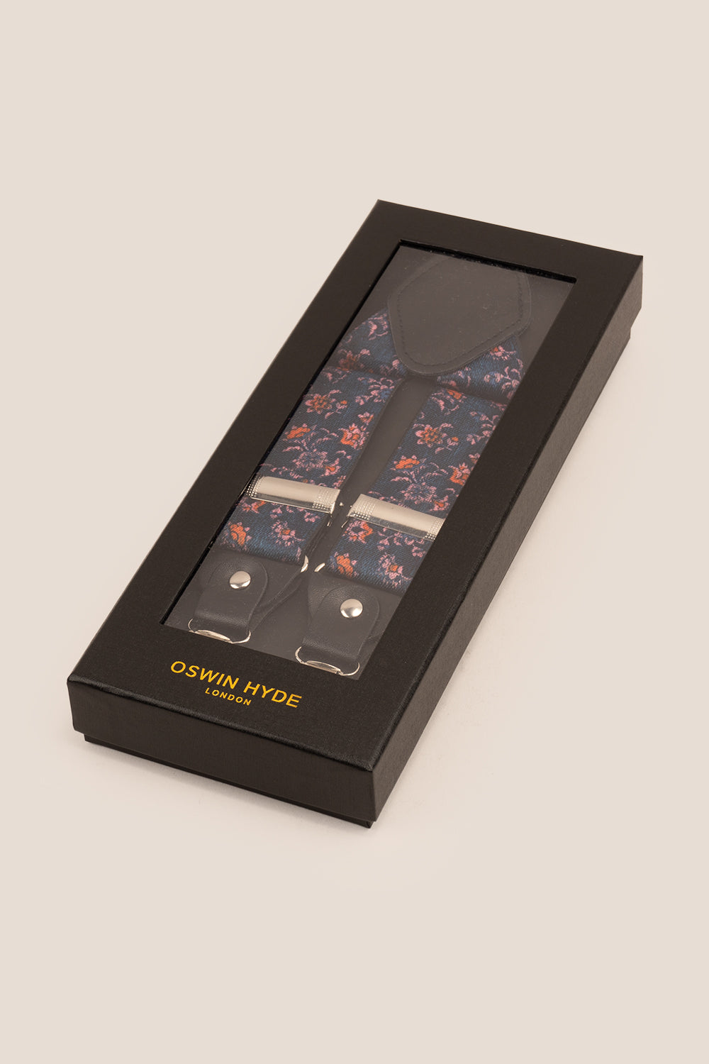 Men’s blue floral clip‑on braces and suspenders with elastic straps and metal clips, perfect for wedding, business, or refined casual wear.