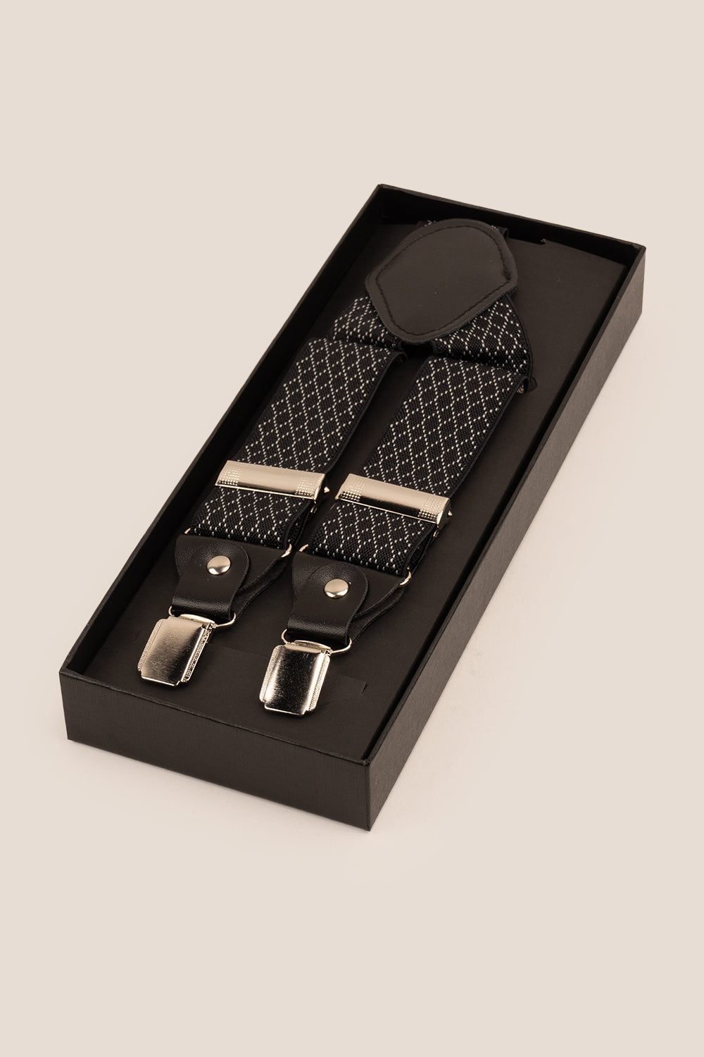 Men’s black geometric pattern clip-on braces with elastic straps and secure metal clips, ideal for weddings, business attire, or refined casual looks.