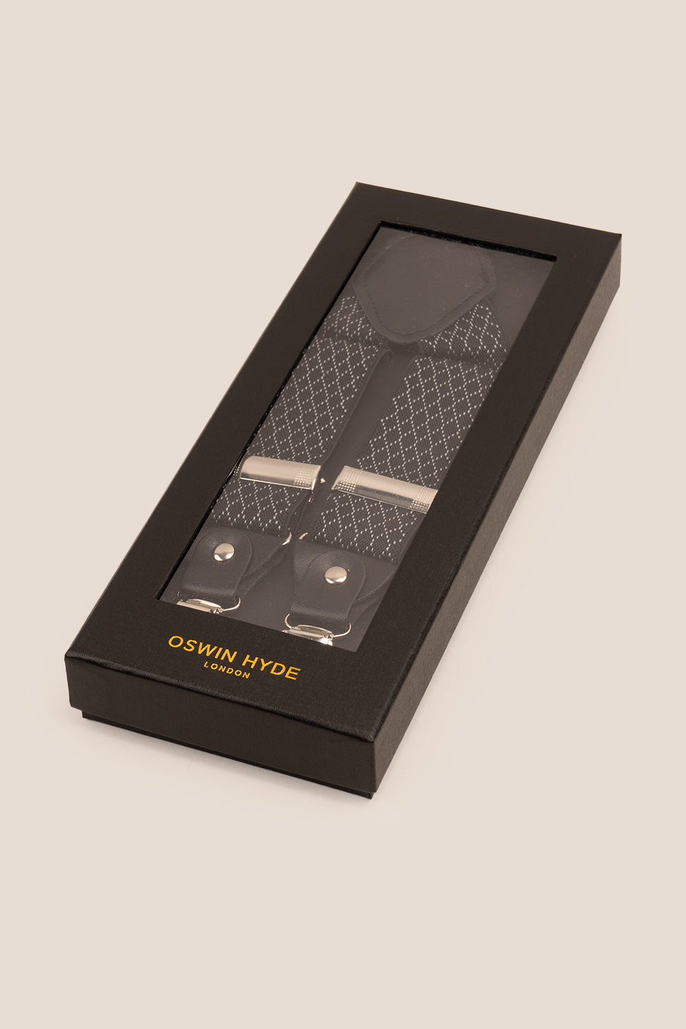 Men’s black geometric pattern clip-on braces with elastic straps and secure metal clips, ideal for weddings, business attire, or refined casual looks.