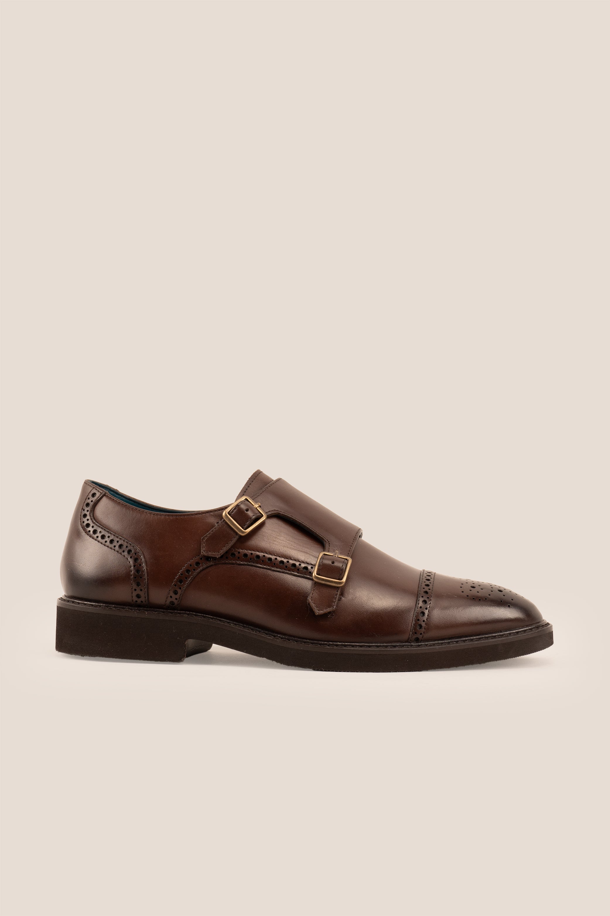 Shelby Brown monk strap brogue leather shoes for men, crafted from premium brown leather with classic brogue detailing for formal and smart wear.