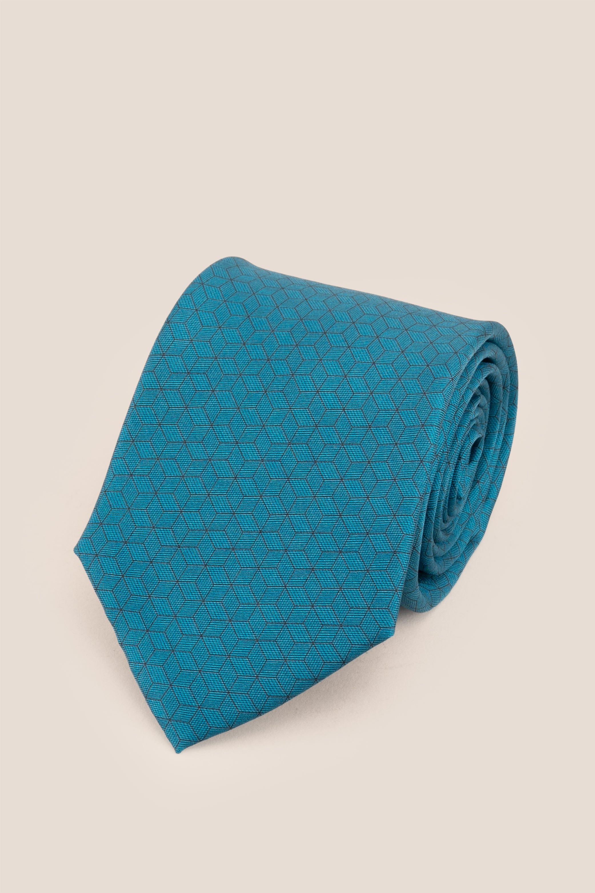 Blue Pattern Print Silk Tie with geometric design, offering luxury and sophistication for upscale events.