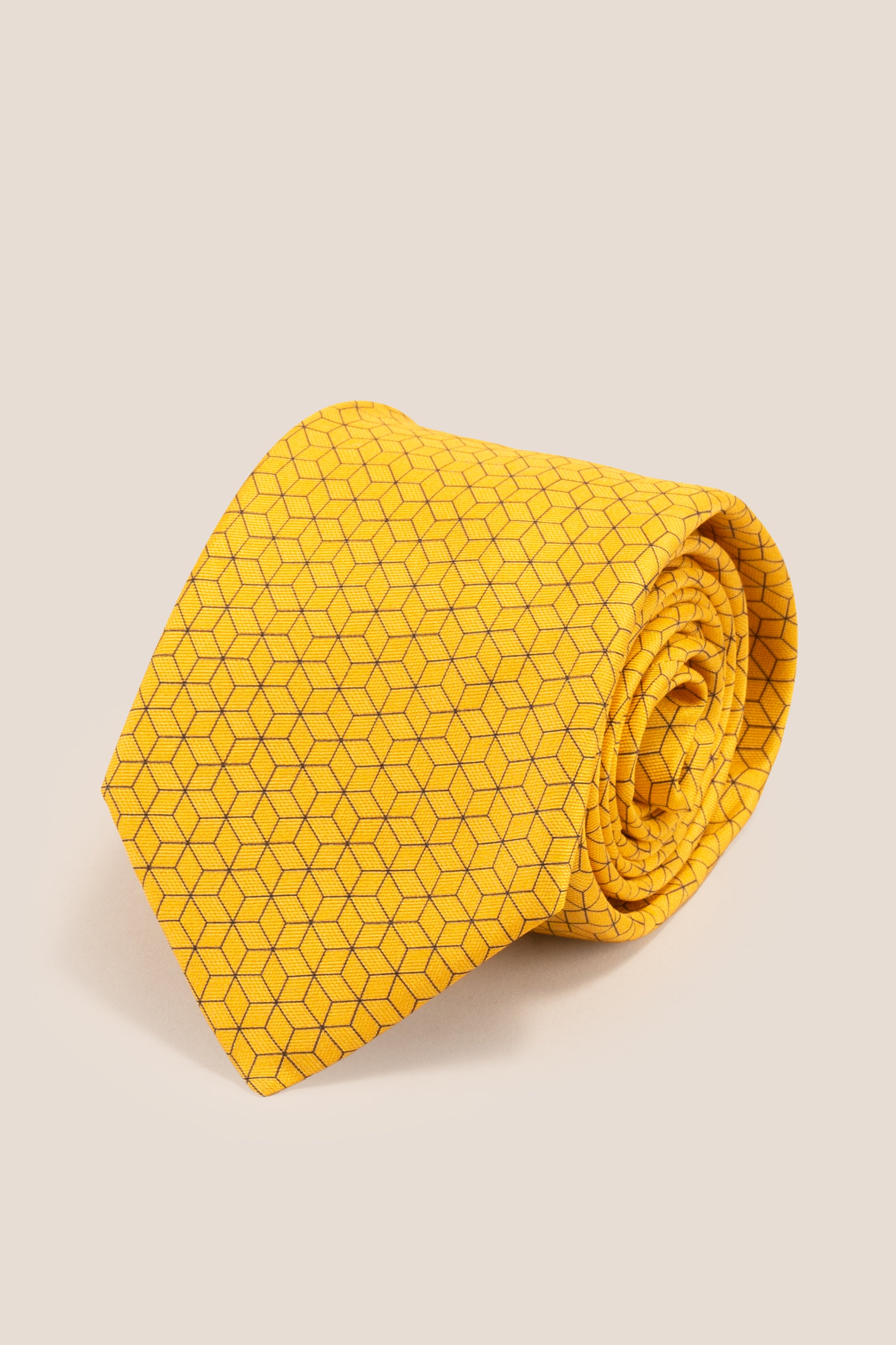 Yellow Pattern Print Silk Tie with geometric line pattern, offering luxury and style for upscale events.