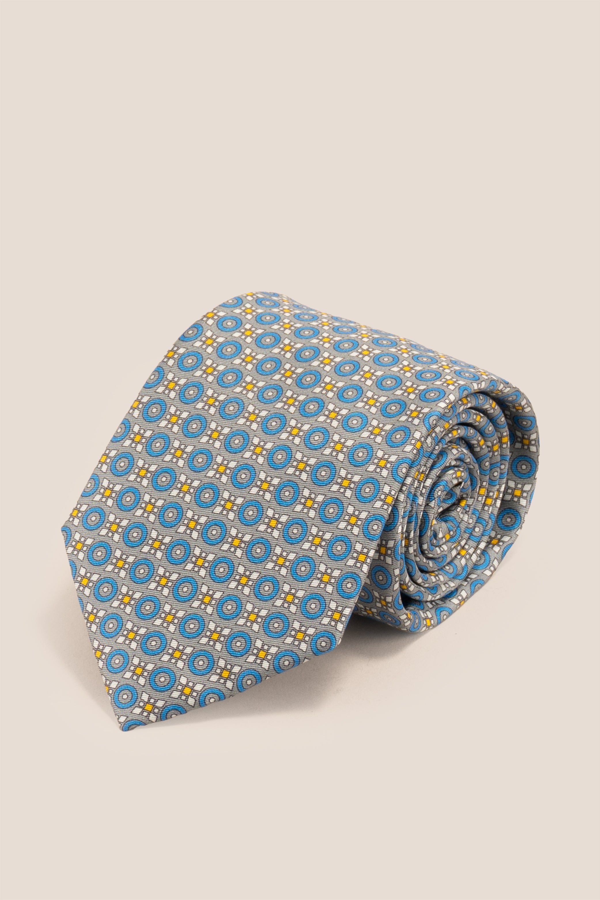 Blue Yellow Geometric Print Silk Tie with luxurious silk and striking design, perfect for formal occasions.