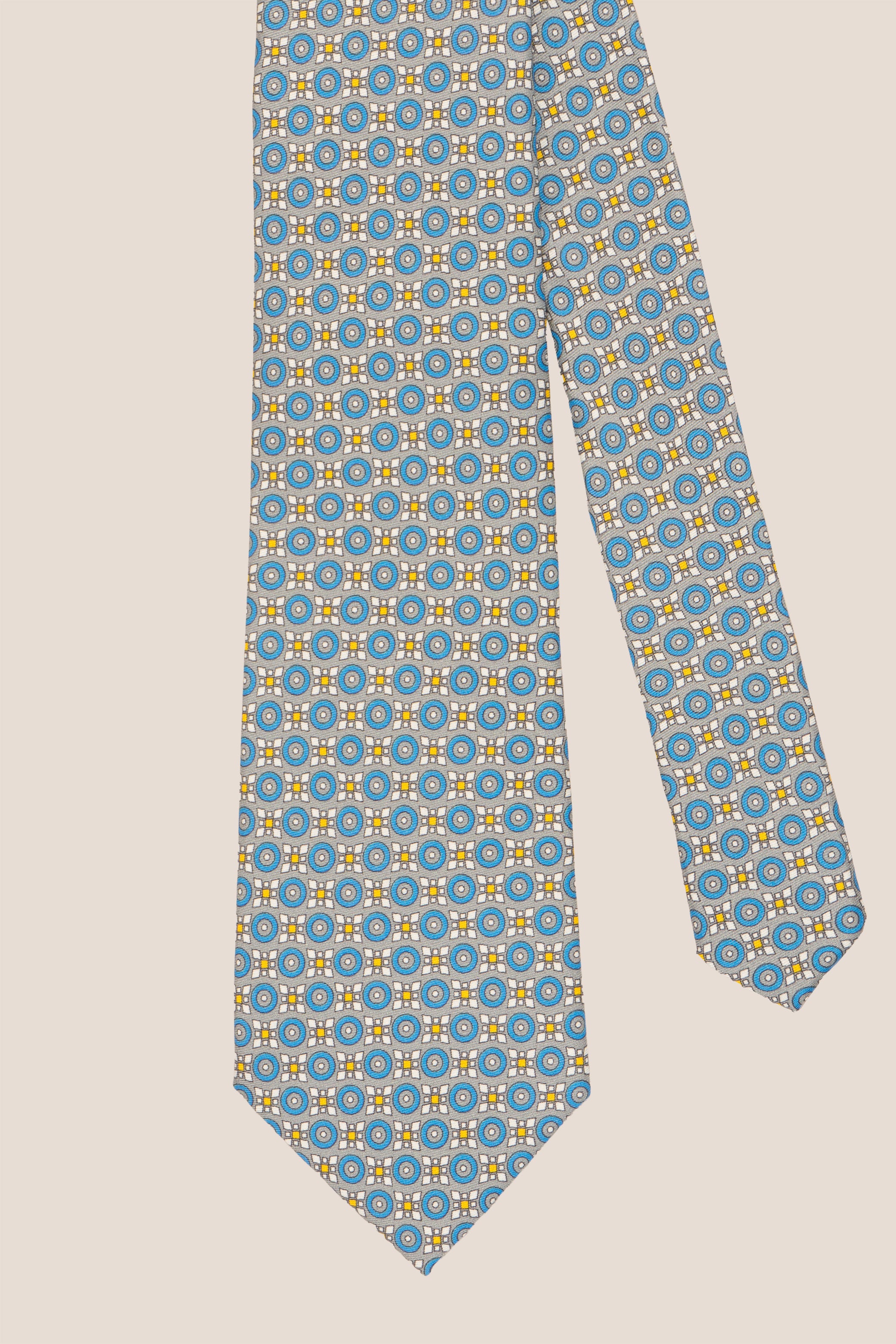 Blue Yellow Geometric Print Silk Tie with luxurious silk and striking design, perfect for formal occasions.