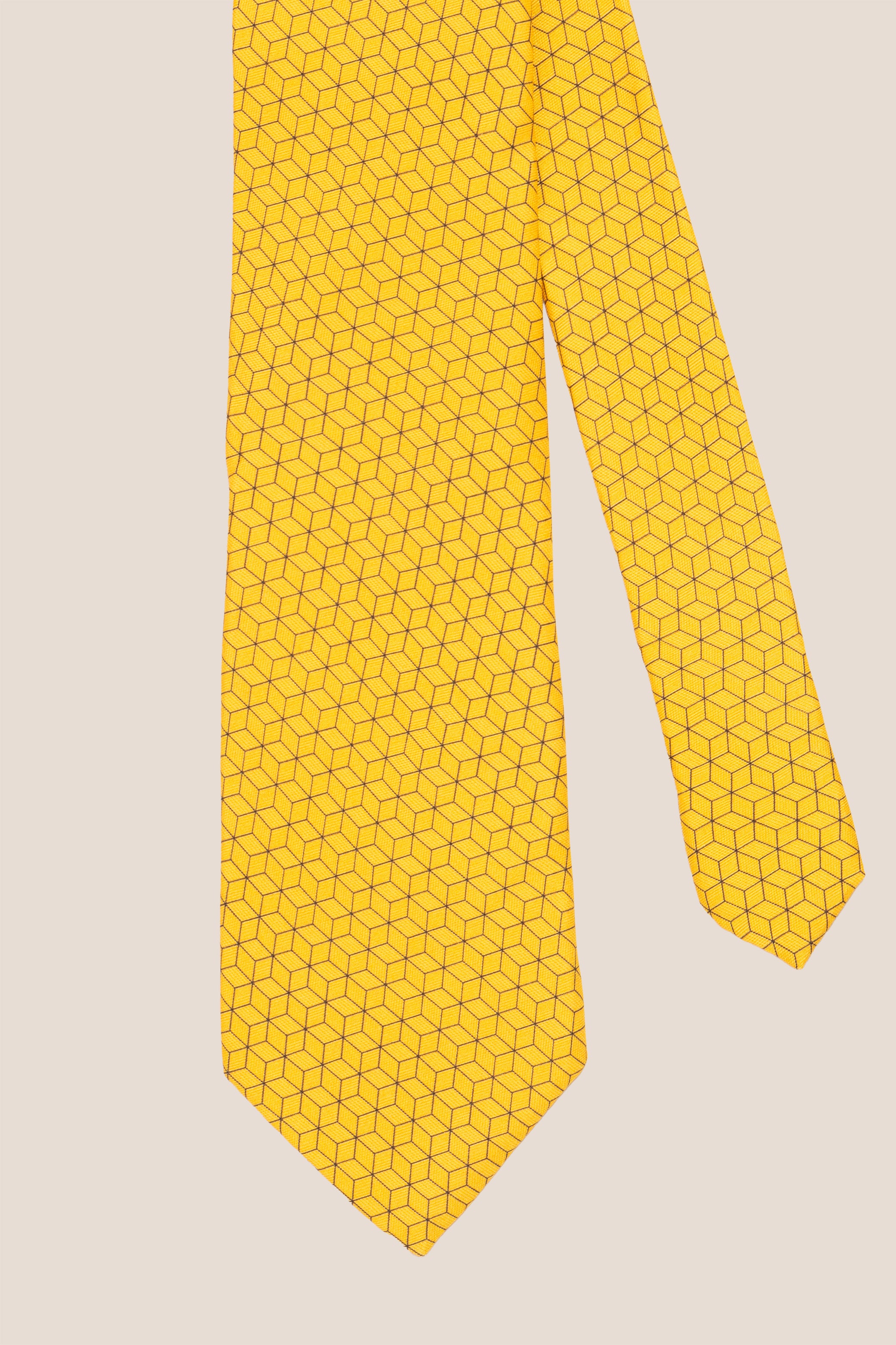 Yellow Pattern Print Silk Tie with geometric line pattern, offering luxury and style for upscale events.