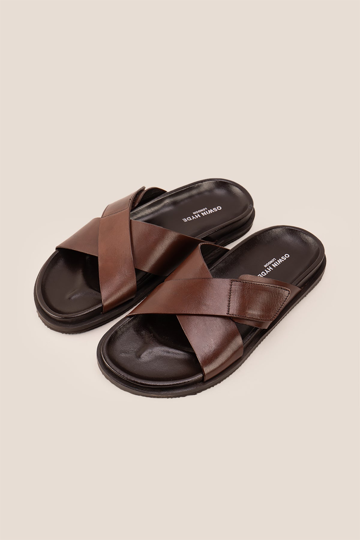 Dylan Brown leather men’s sandals with cross strap and velcro closure, perfect for casual wear, holidays, or summer outings.