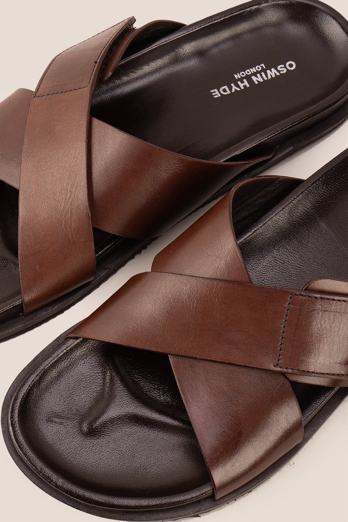 Dylan Brown leather men’s sandals with cross strap and velcro closure, perfect for casual wear, holidays, or summer outings.