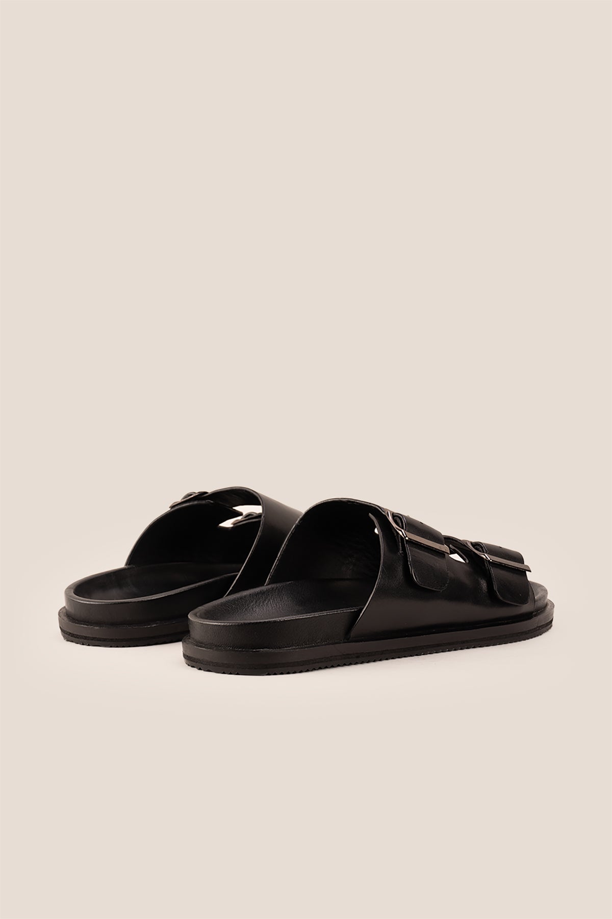 Jude Black leather men's sandals with twin buckle straps and high-quality leather design, ideal for everyday comfort and casual summer wear.