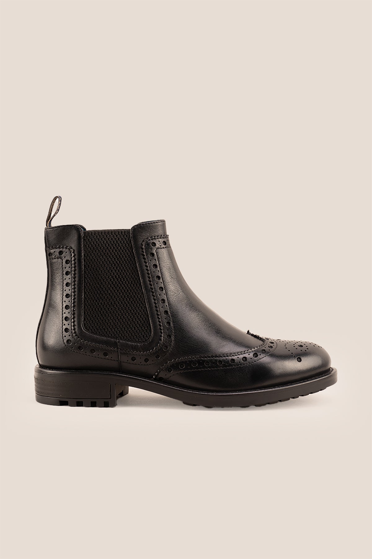 Gavin black leather Chelsea boots for men with intricate brogue detailing, showcasing timeless elegance and refined craftsmanship