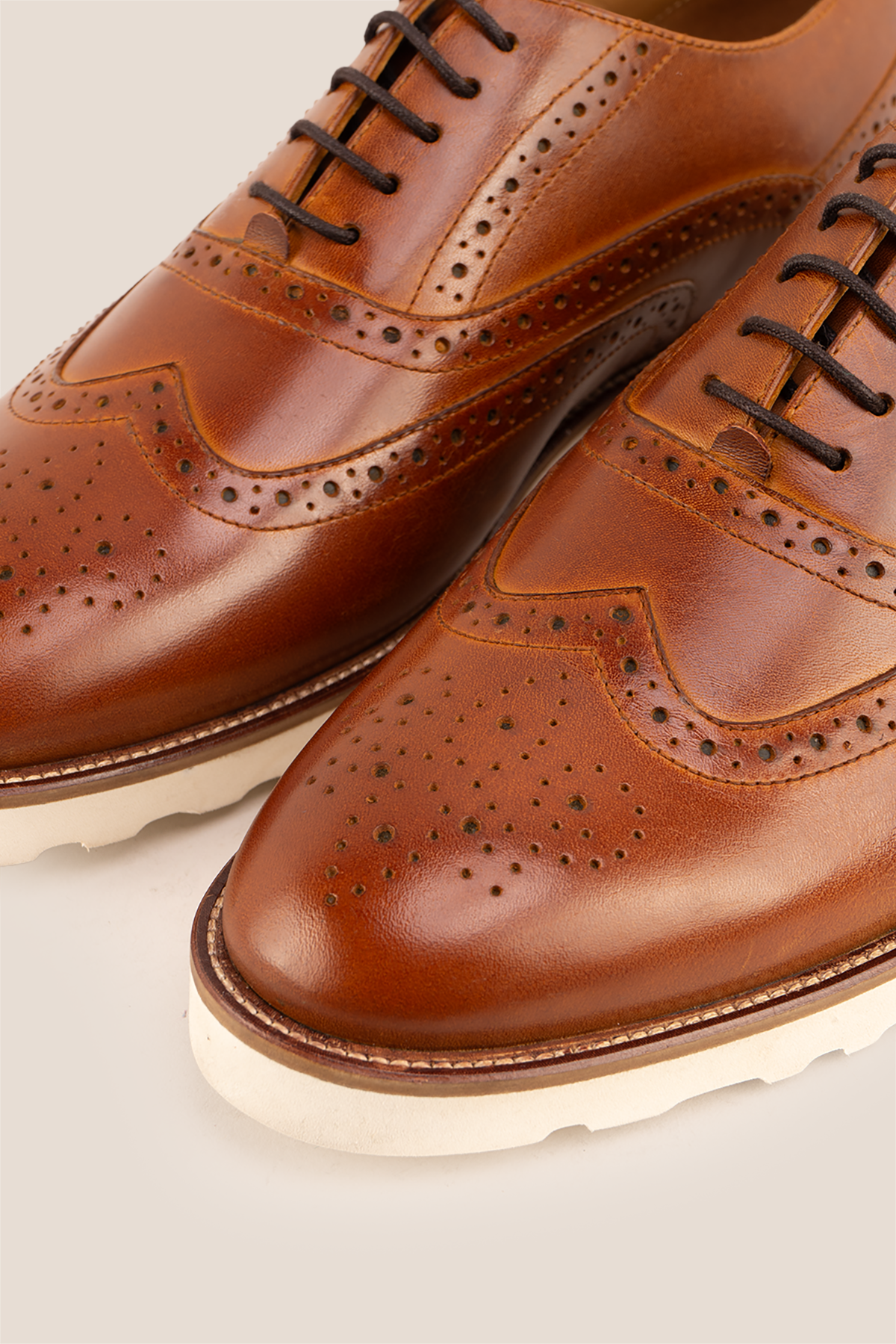 Tyler II tan Oxford brogue leather shoes for men featuring detailed perforation, premium leather, and a classic formal silhouette.