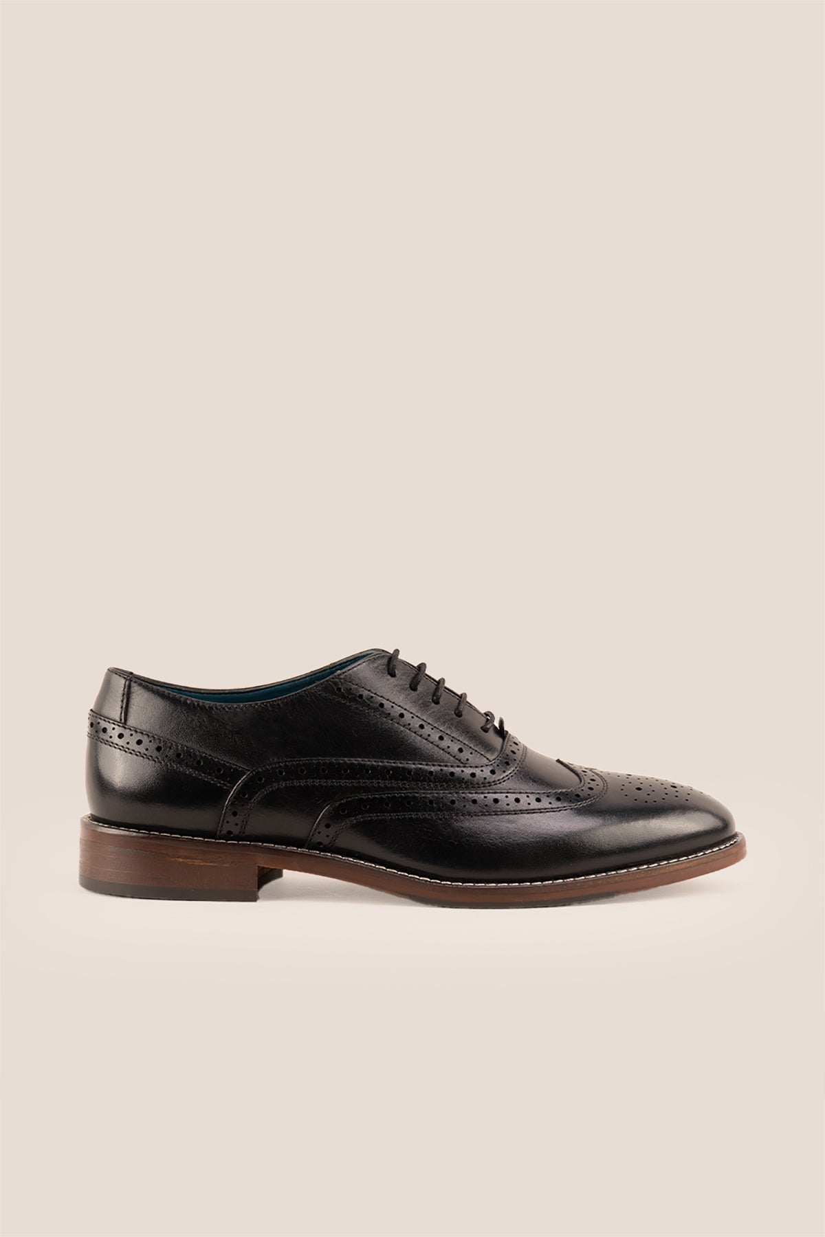 Winston wide fit black leather brogue shoes for men featuring classic punched detailing and premium finish.