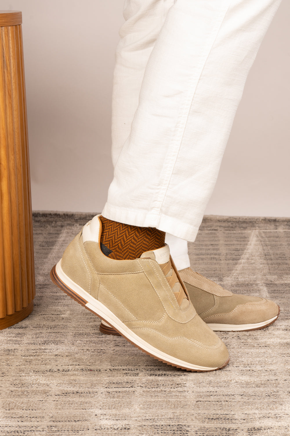 Colt sand suede men’s sneakers with elastic sides, premium leather finish, and casual lightweight sole for everyday wear.