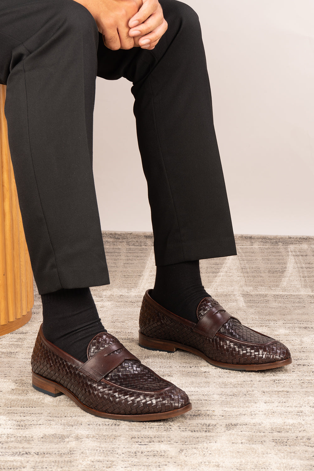 Santiago Brown woven leather loafers for men featuring premium craftsmanship, unique textured design, and comfortable fit for versatile wear.