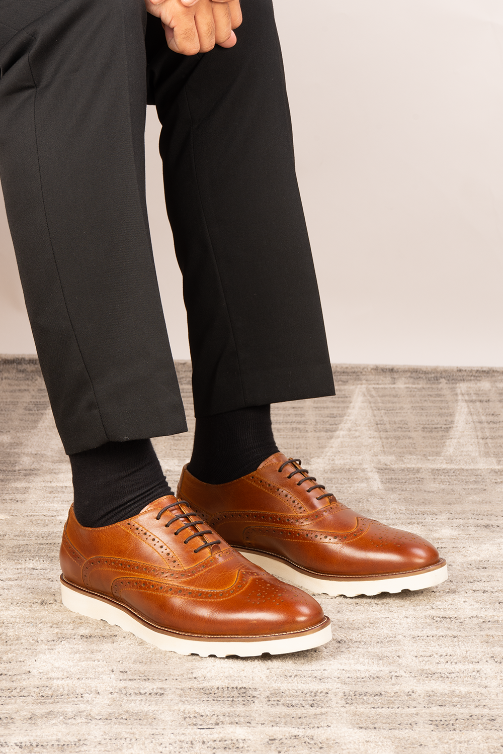 Tyler II tan Oxford brogue leather shoes for men featuring detailed perforation, premium leather, and a classic formal silhouette.