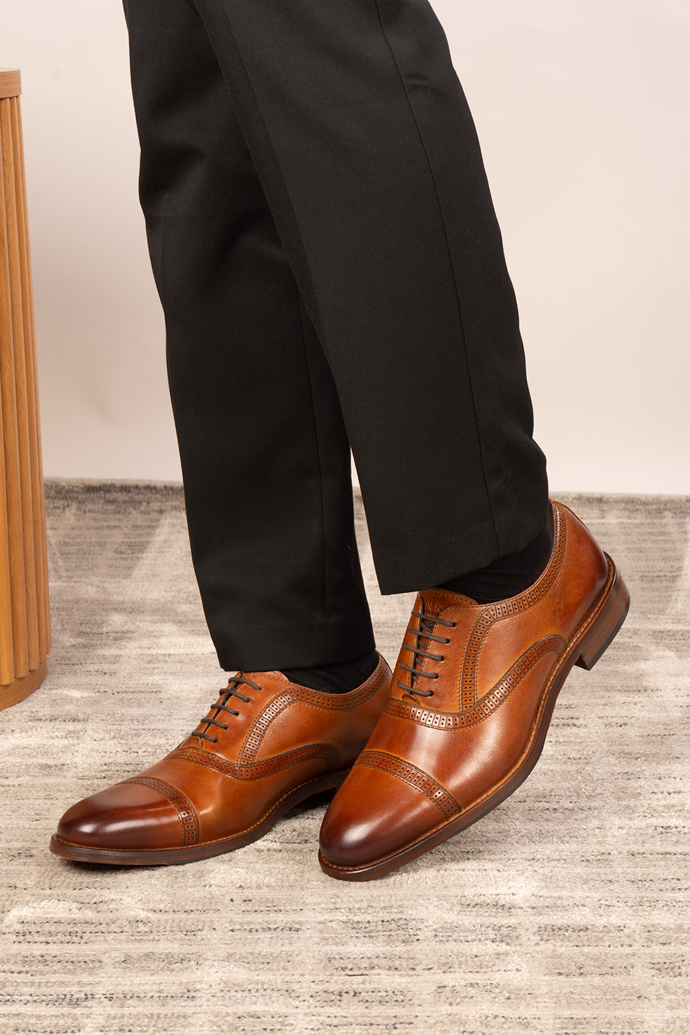 Creed tan men's leather shoes with timeless five-eyelet toecap brogue design, crafted in premium leather for a refined, sophisticated look