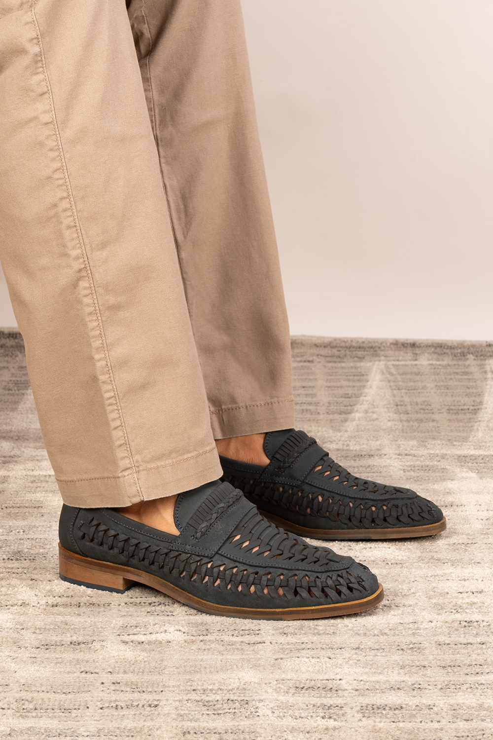 Finley navy woven leather loafers for men, featuring premium craftsmanship, intricate weave detail, and a refined, durable finish