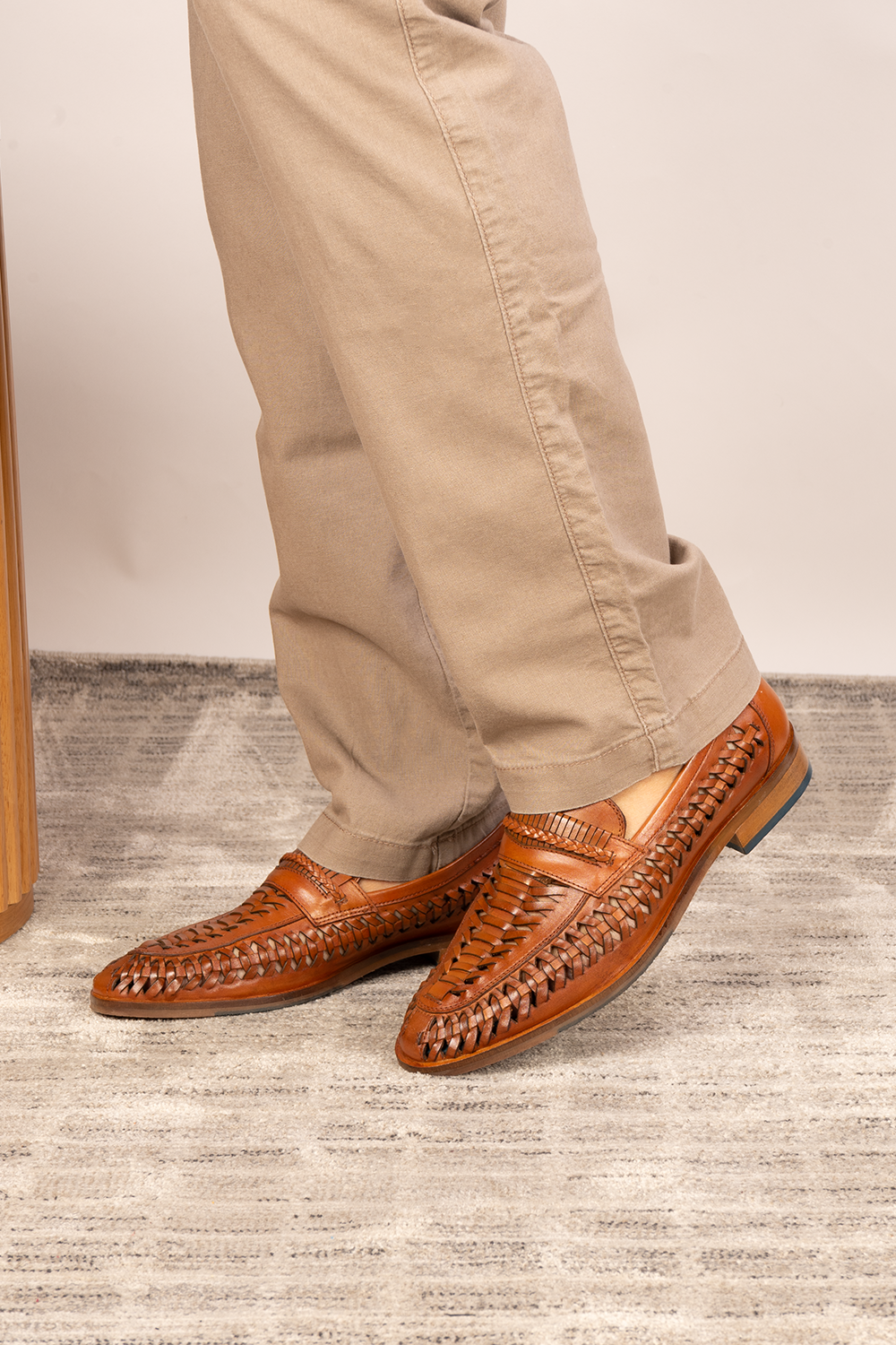 Finley tan woven leather loafer for men, showcasing premium craftsmanship with a sophisticated and timeless design