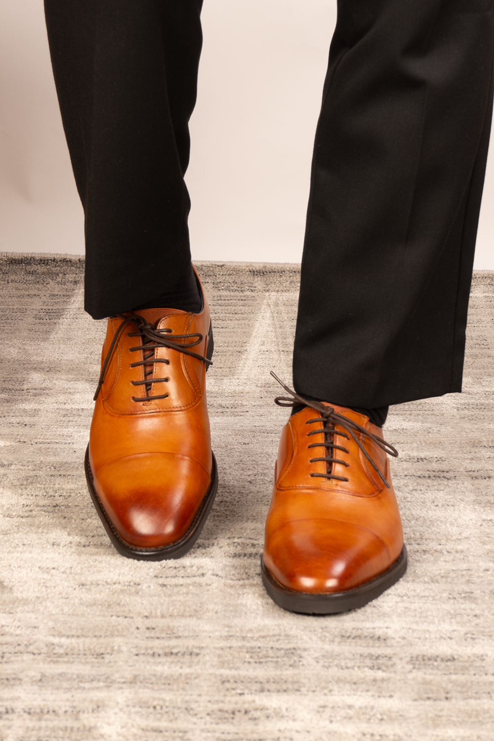 Grayson tan Derby leather shoes for men featuring five eyelets, smooth finish, classic round toe, and stitched leather sole—perfect for smart occasions.