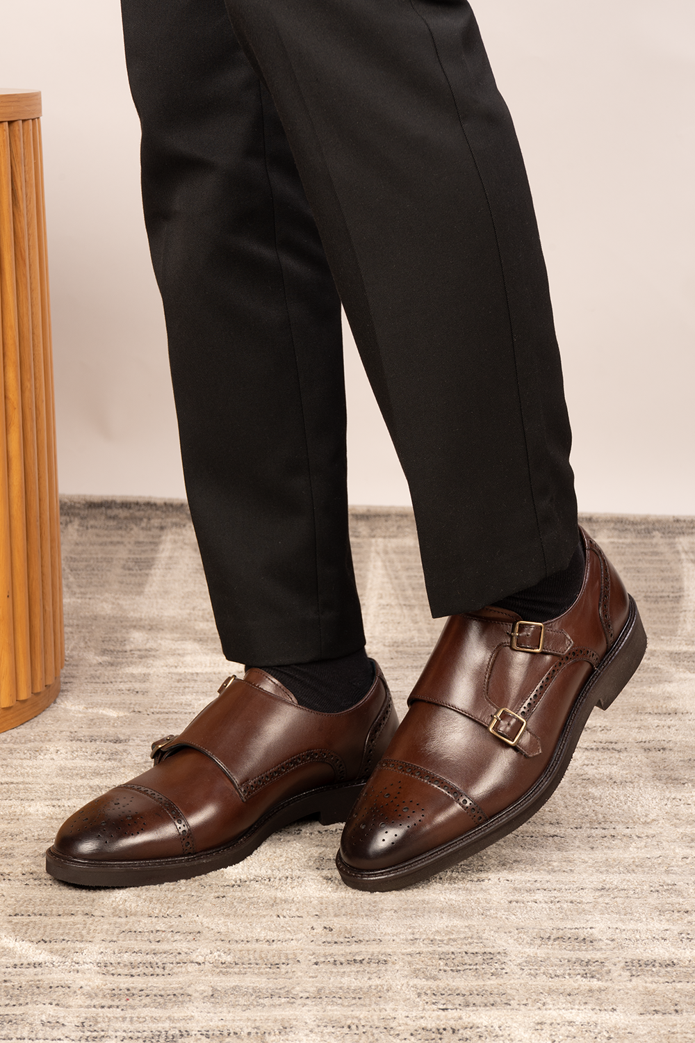 Shelby Brown monk strap brogue leather shoes for men, crafted from premium brown leather with classic brogue detailing for formal and smart wear.