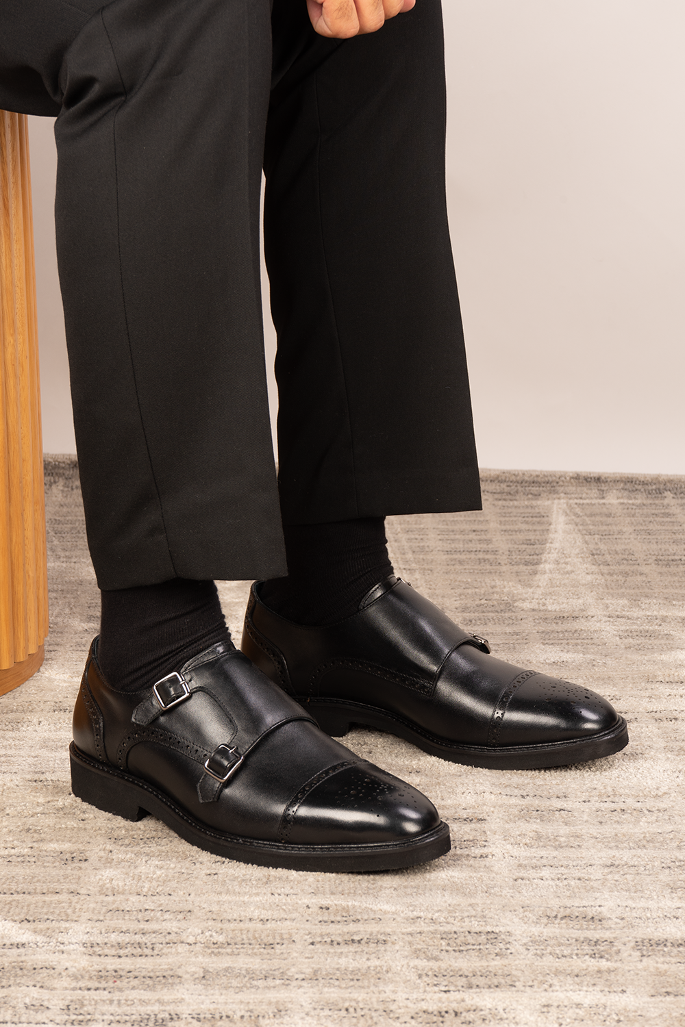 Shelby Black monk strap brogue men’s leather shoes featuring detailed brogue pattern and premium black leather for formal and smart wear.