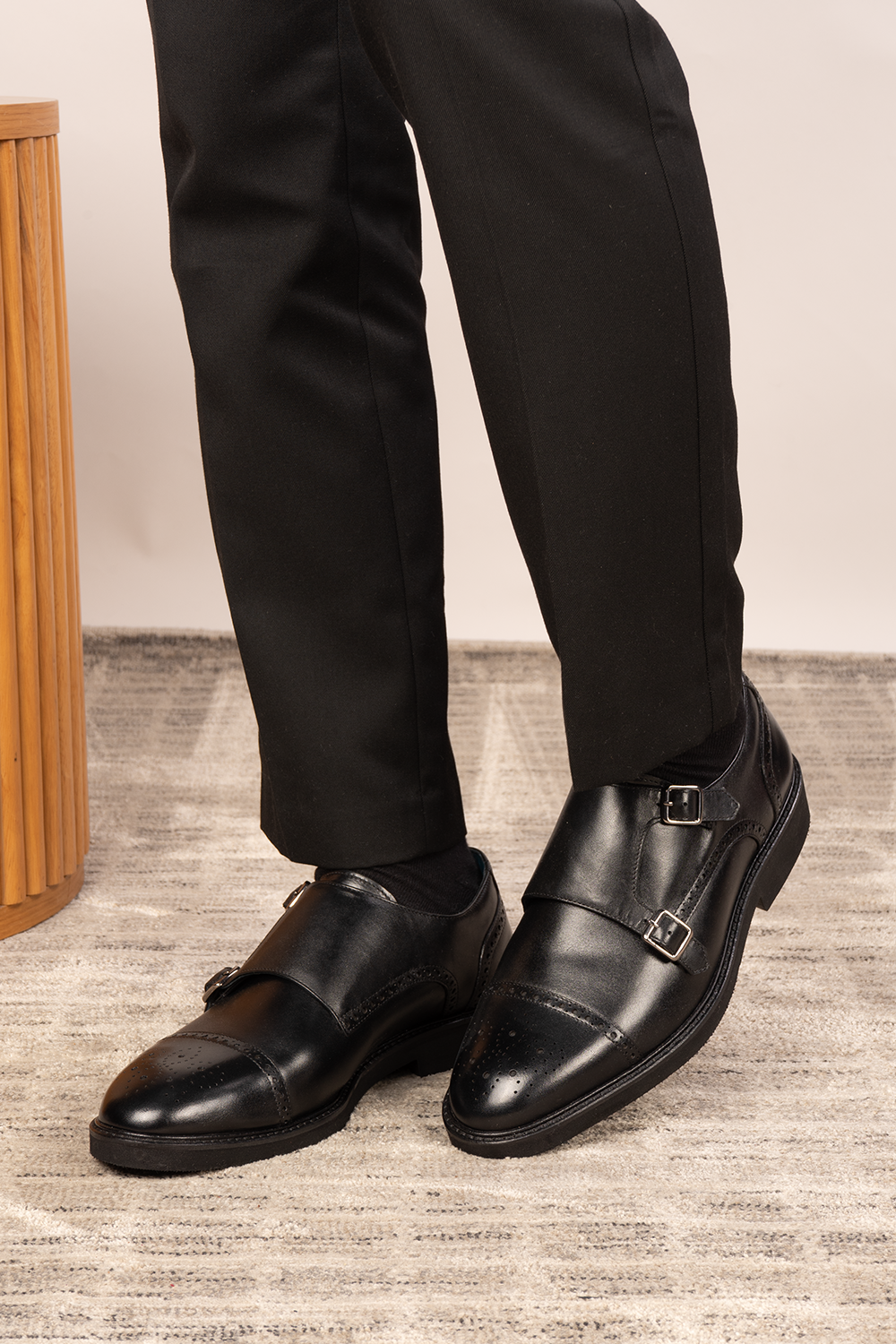 Shelby Black monk strap brogue men’s leather shoes featuring detailed brogue pattern and premium black leather for formal and smart wear.