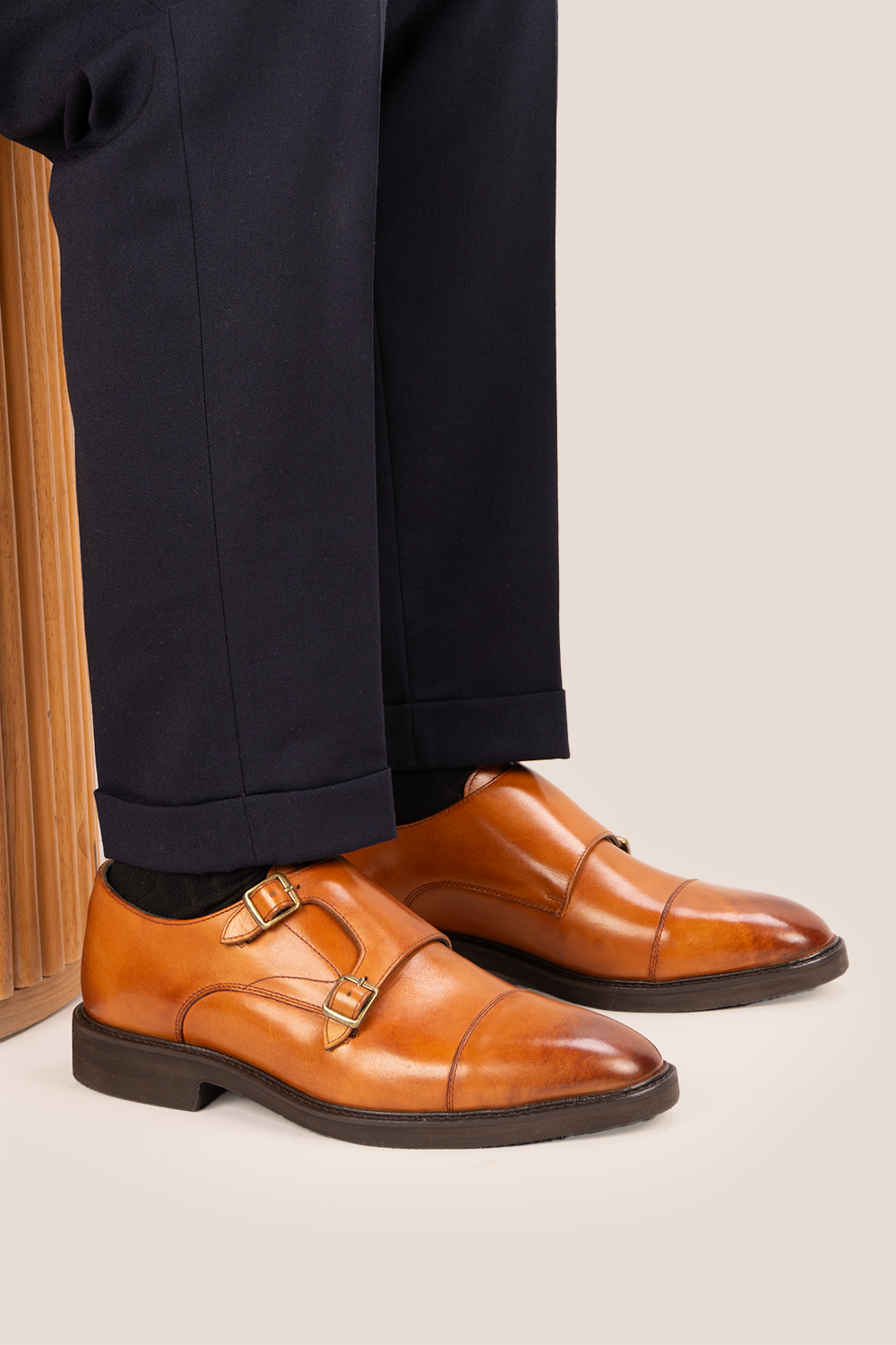 Garson tan monk strap leather men’s shoes with premium craftsmanship, sleek design, and classic buckle detail for formal and office wear.