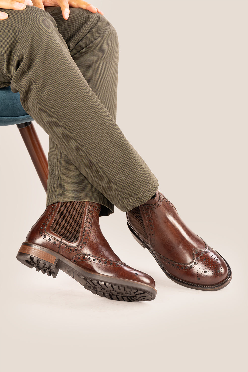 Gavin Brown leather Chelsea boots for men featuring a classic wing cap brogue design with refined stitching and polished finish