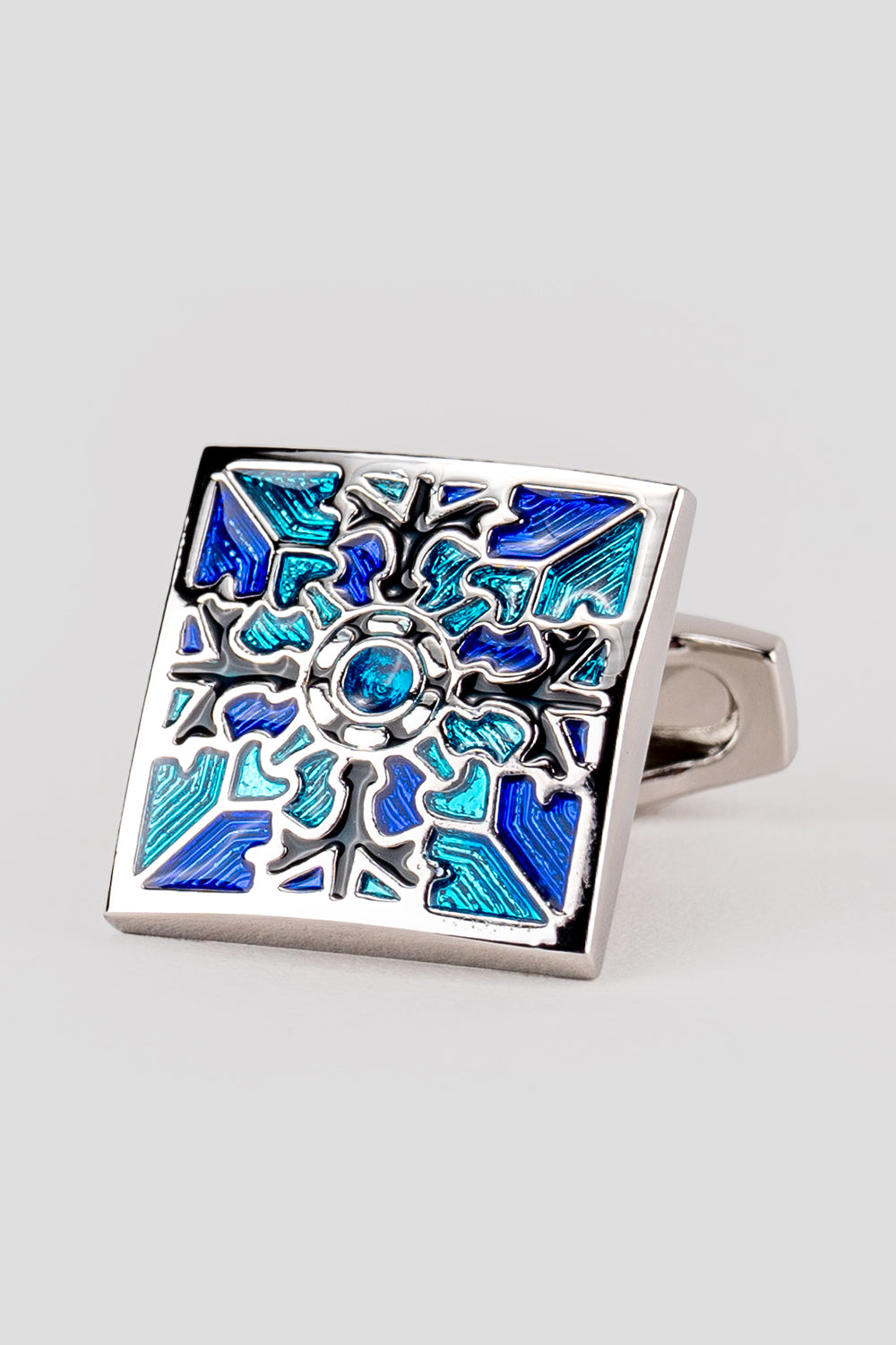 Alex Blue Men’s Cufflinks with geometric blue enamel design, crafted for weddings and formal events.