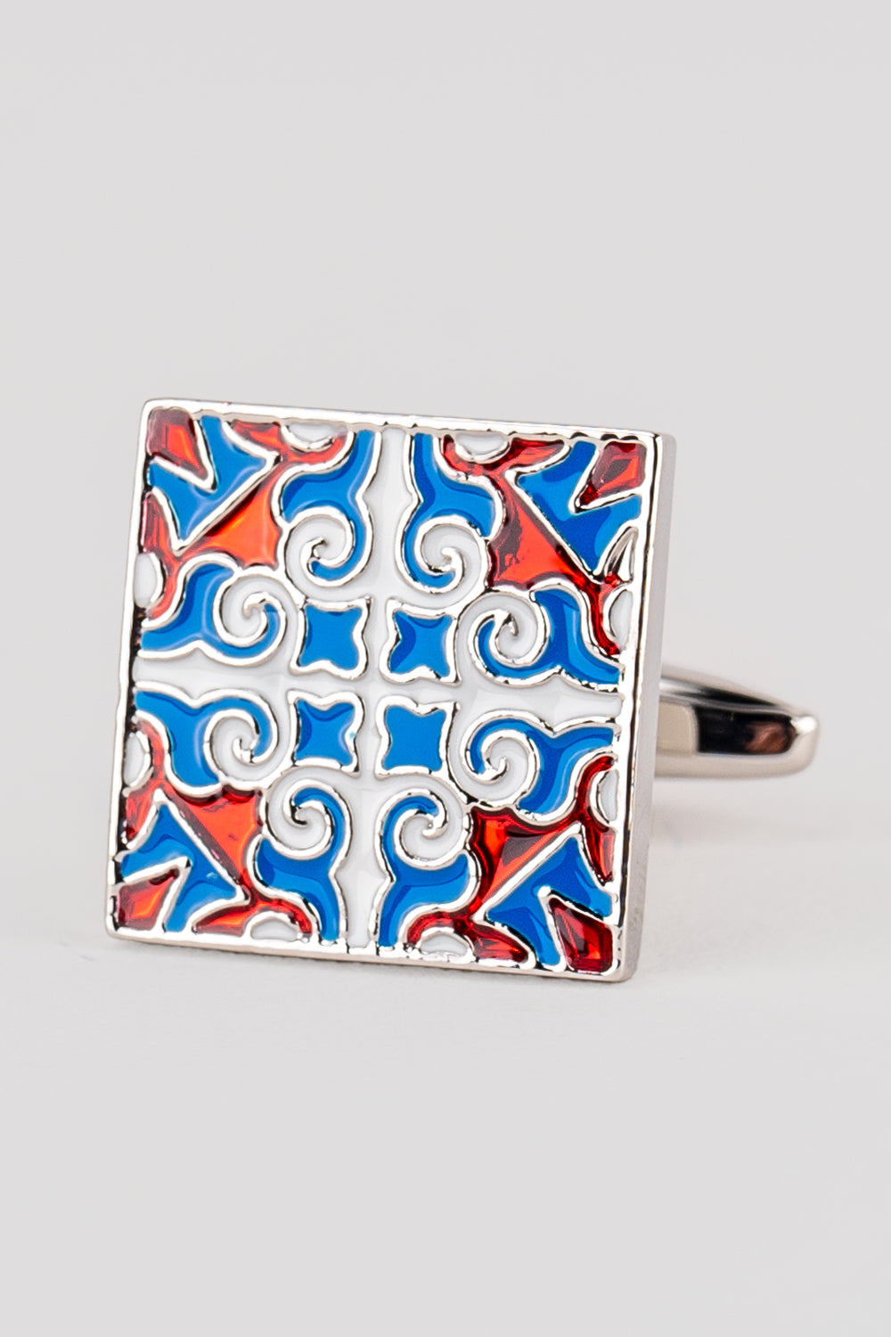 Adam Red and Blue geometric enamel men’s cufflinks for weddings and formal occasions.