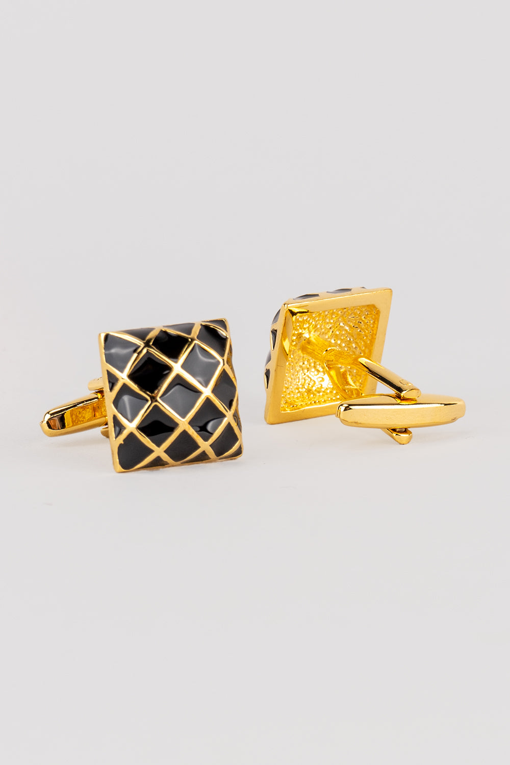 Dimon Gold Men’s Cufflinks with black and gold finish, featuring a luxurious, intricate design perfect for weddings and elegant formalwear.