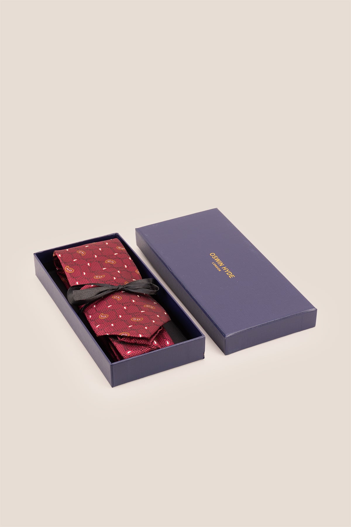 Oswin Hyde Paisley Geometric Bordo tie for men, designed with intricate paisley and geometric patterns in a rich bordo colour.