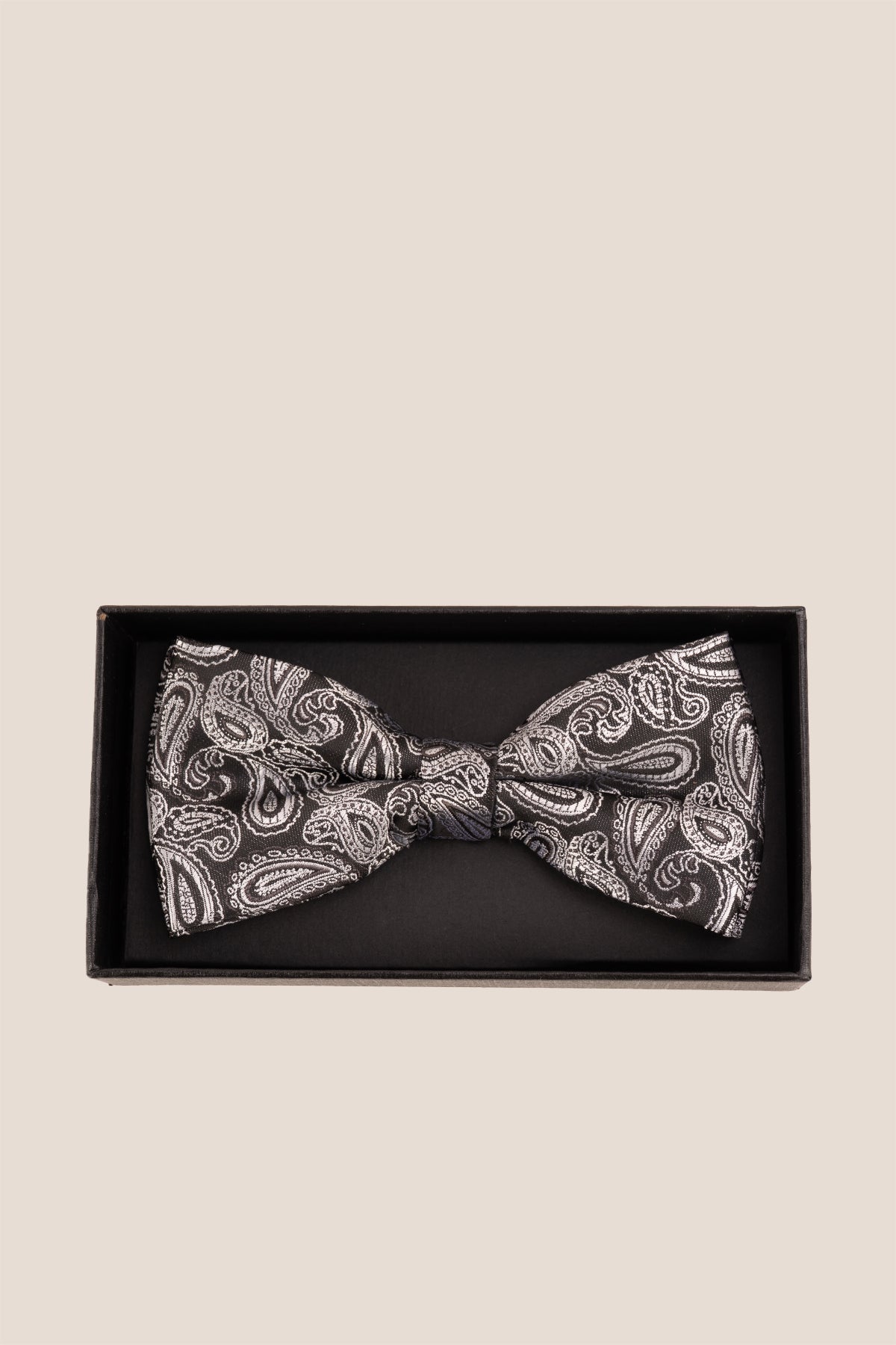 Paisley Pattern Black Bowtie, featuring an elegant paisley design and has rich black hue and detailed pattern