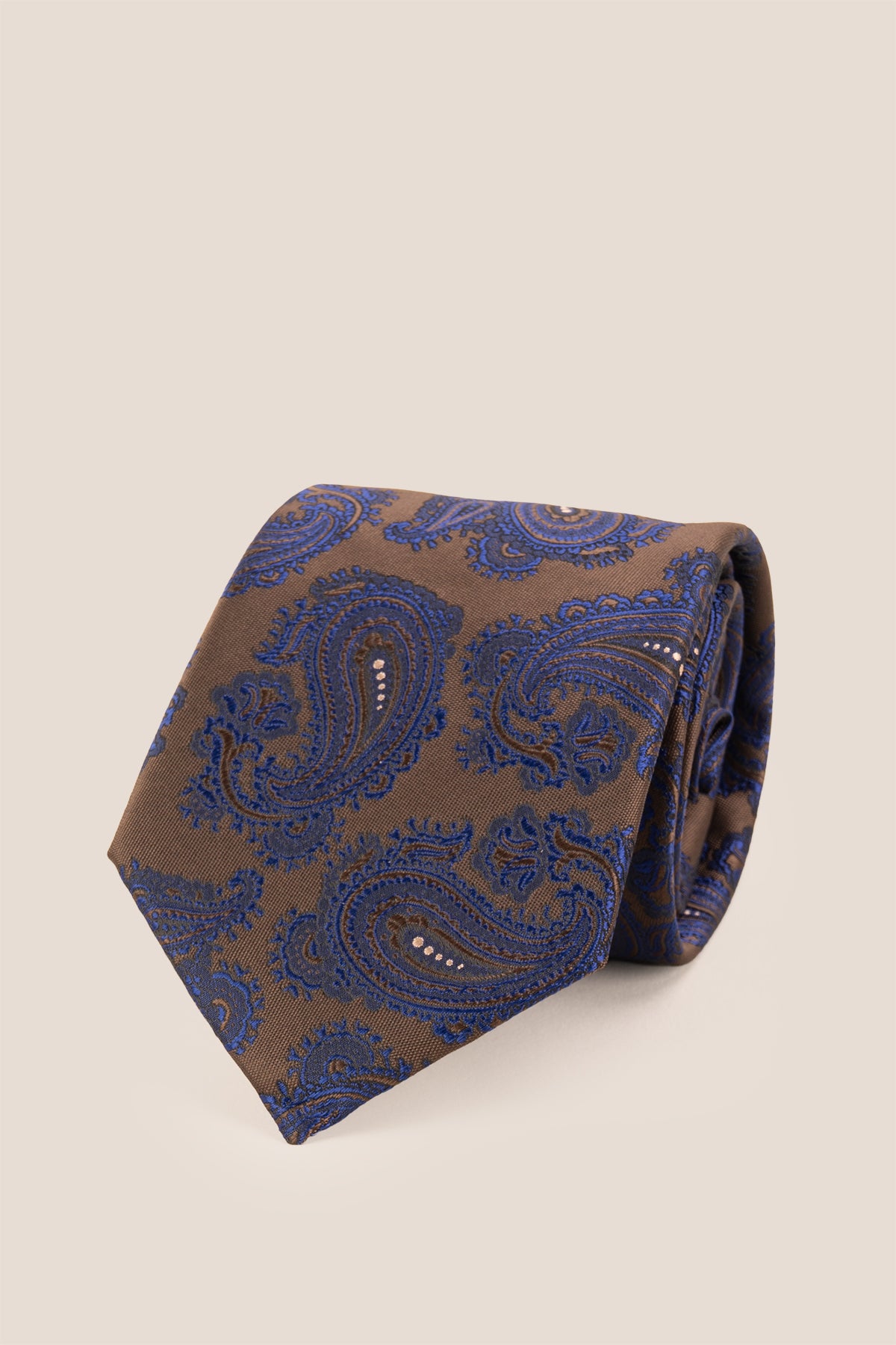 Oswin Hyde Brown Navy Paisley ties for men. The rich blend of brown and navy hues, paired with intricate paisley patterns.
