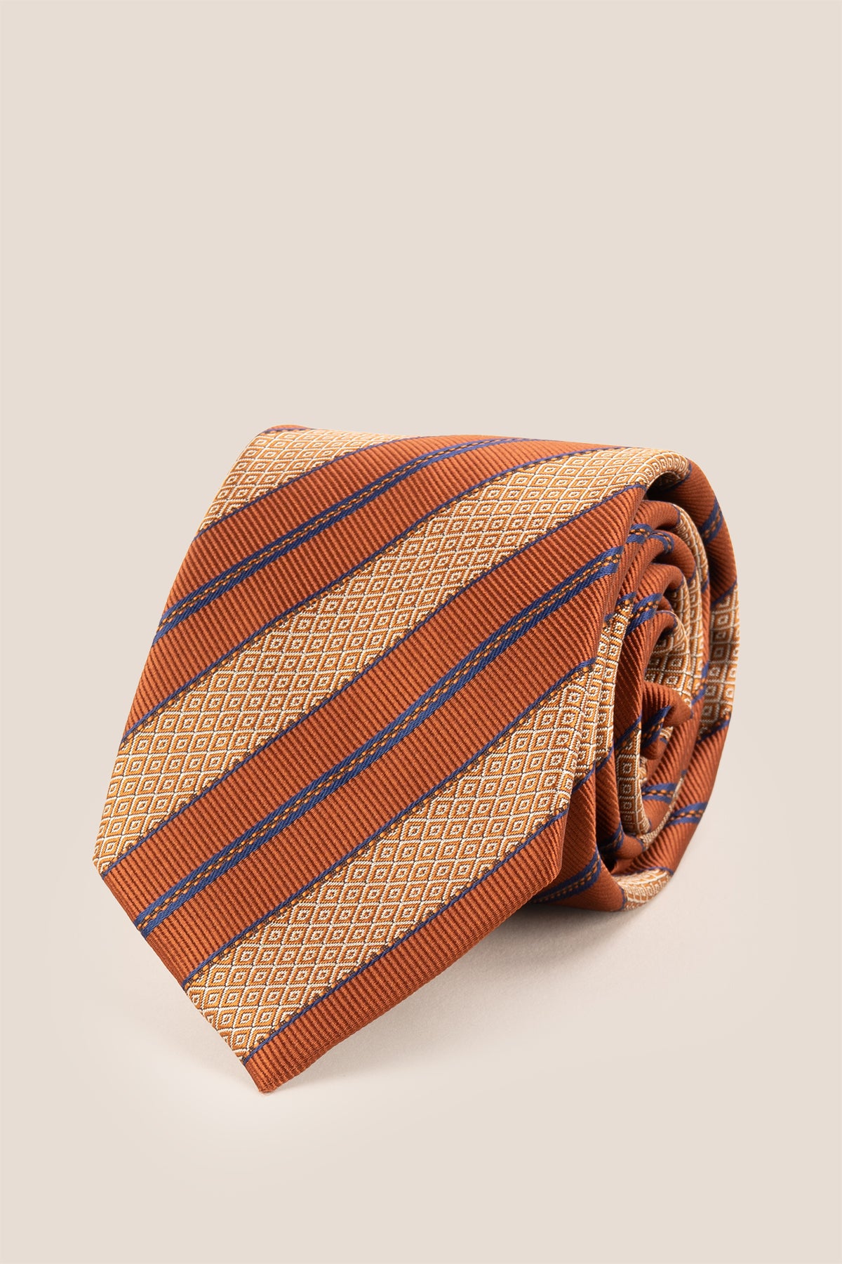 Vintage Bronze Stripes ties for men, designed with timeless elegance and style. The rich bronze stripes create a striking contrast.