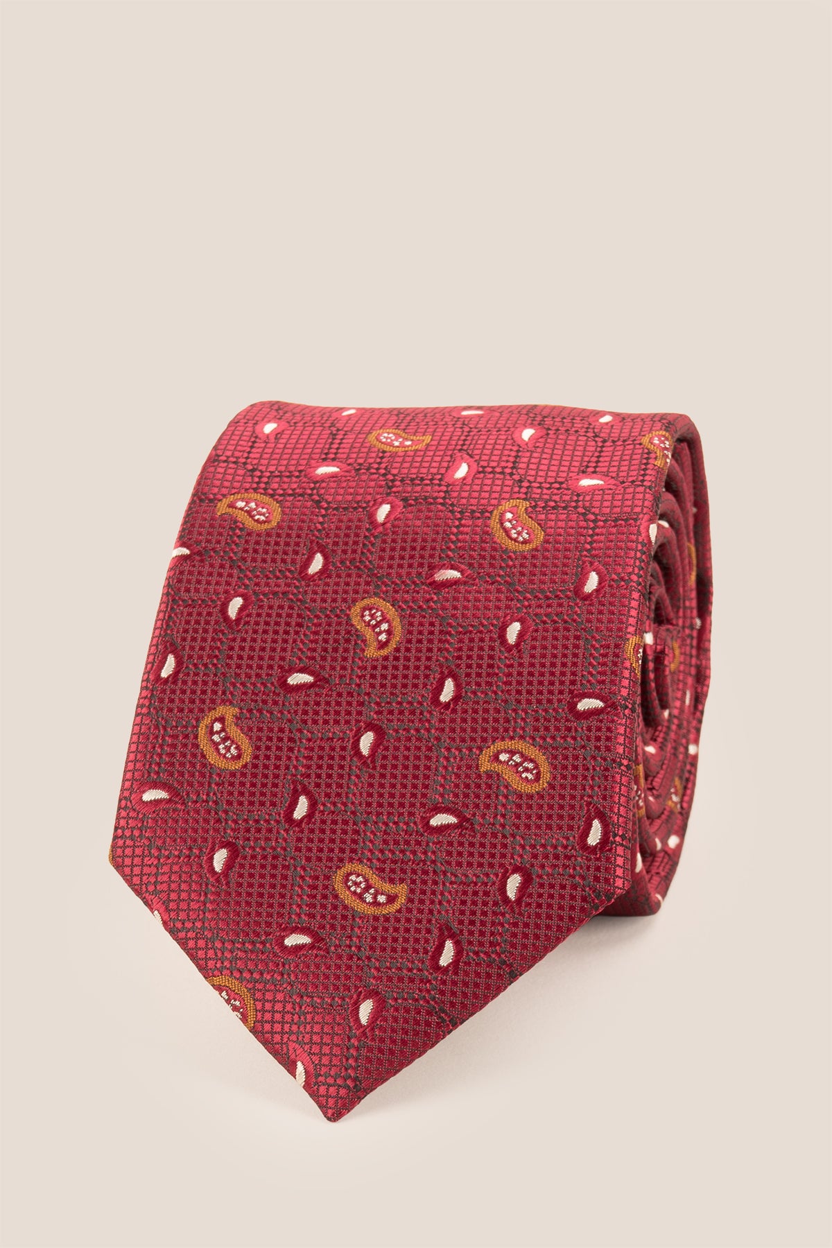Oswin Hyde Paisley Geometric Bordo tie for men, designed with intricate paisley and geometric patterns in a rich bordo colour.