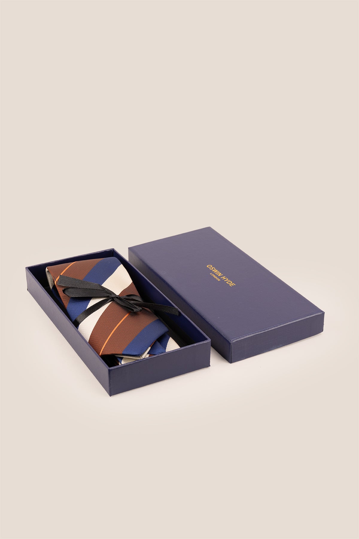 Brown Silver Navy Stripes tie for men. The combination of rich brown, elegant silver, and deep navy stripes creates a sophisticated and versatile accessory.