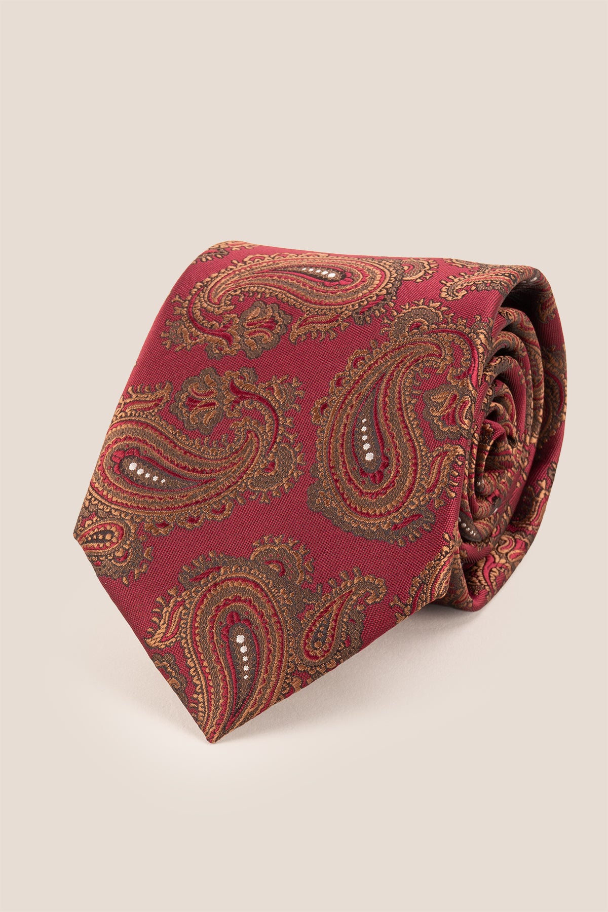 Red Copper Paisley ties for men. The vibrant red and copper hues, combined with intricate paisley patterns, make this tie perfect for any formal or semi-formal event.