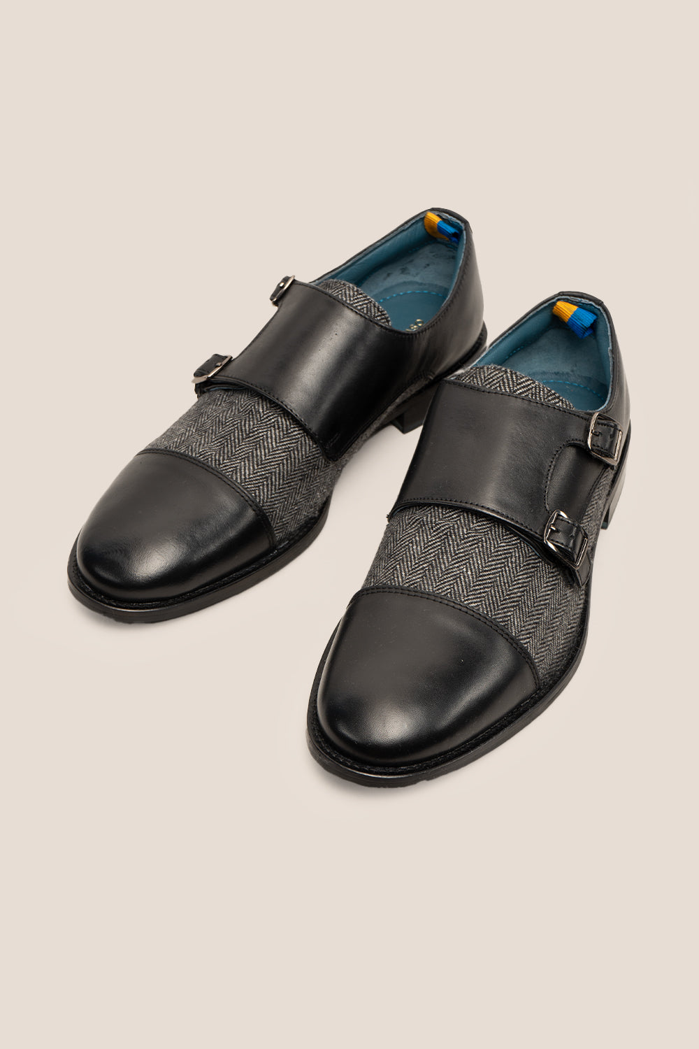 Oscar Black monk strap tweed men’s leather shoes featuring premium leather and tweed accents for a stylish formal look.